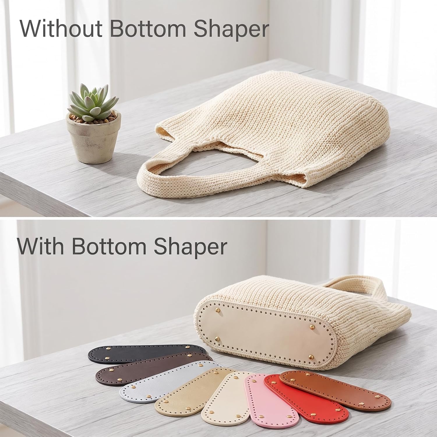 Bnuxpuuo 8 Pcs PU Leather Bottom Shaper Pads, Crochet Bag Bottom Shapers Oval Bag Bases with Holes for DIY Handbag Shoulder Bags Making, 11.8x3.9 Inch, 8 Colors