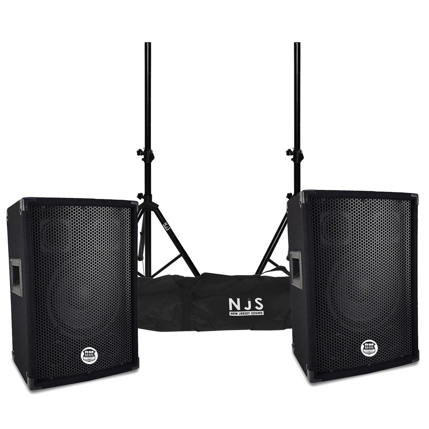 Paire d'enceintes Sono DJ BM Bmsonic BMS-08, Bass Reflex Trapézoïdal à 3 voies 8"/20cm - 2 x 300W - supports pieds et sacoche