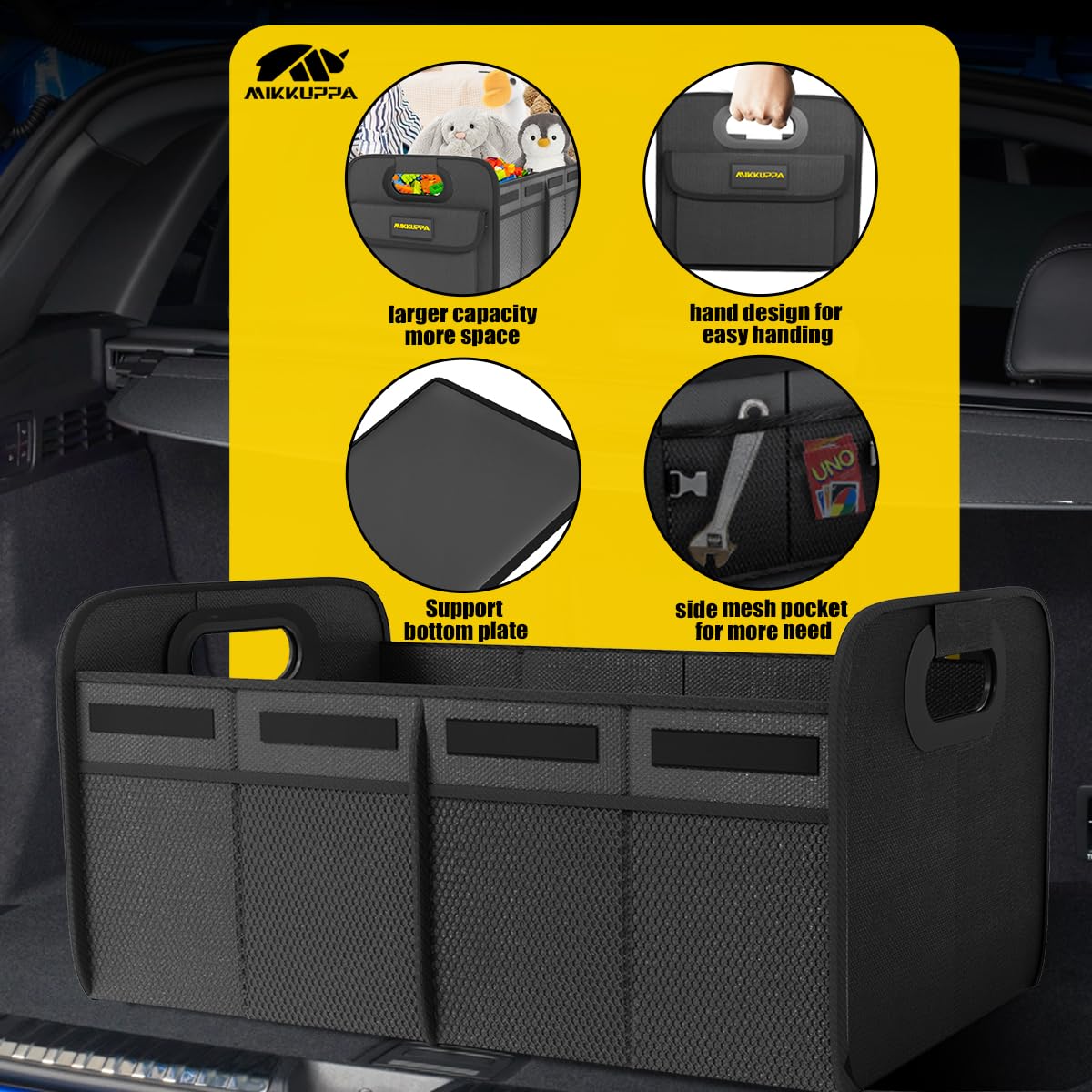 MIKKUPPA Car Trunk Organizer - 70L Collapsible Trunk Organizer for Groceries, Car Storage Organizers for SUV Auto Truck Van with Non Slip Bottom (Black)