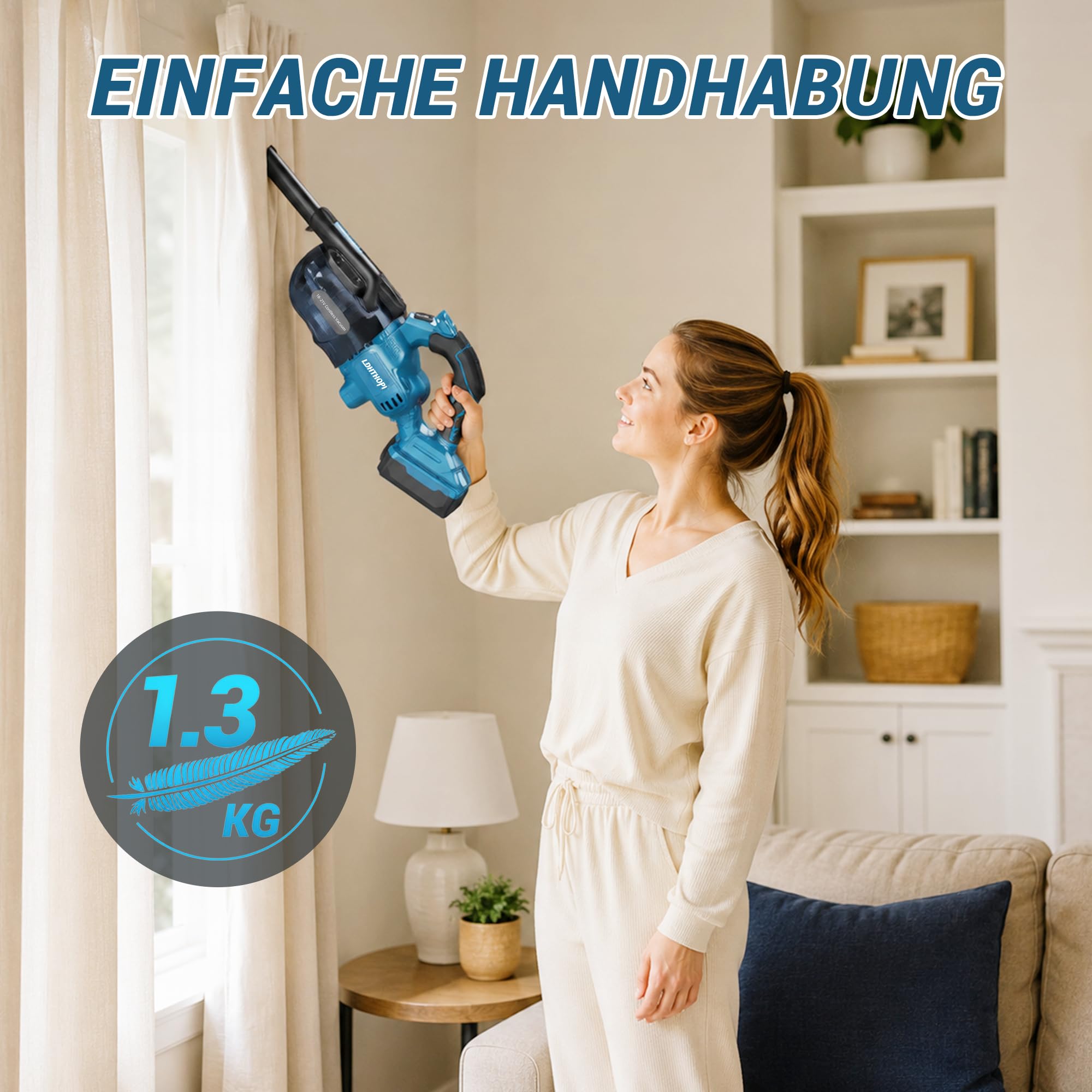 LDHTHOPI Akku Staubsauger für Makita 18V,20000 Pa Starke Saugleistung,1,28 kg Leichter Staubsauger mit HEPA-Filter,5in1 Handstaubsauger mit LED-Licht Für Teppich,Hartboden,Möbel,Auto (Ohne Akku) Blau