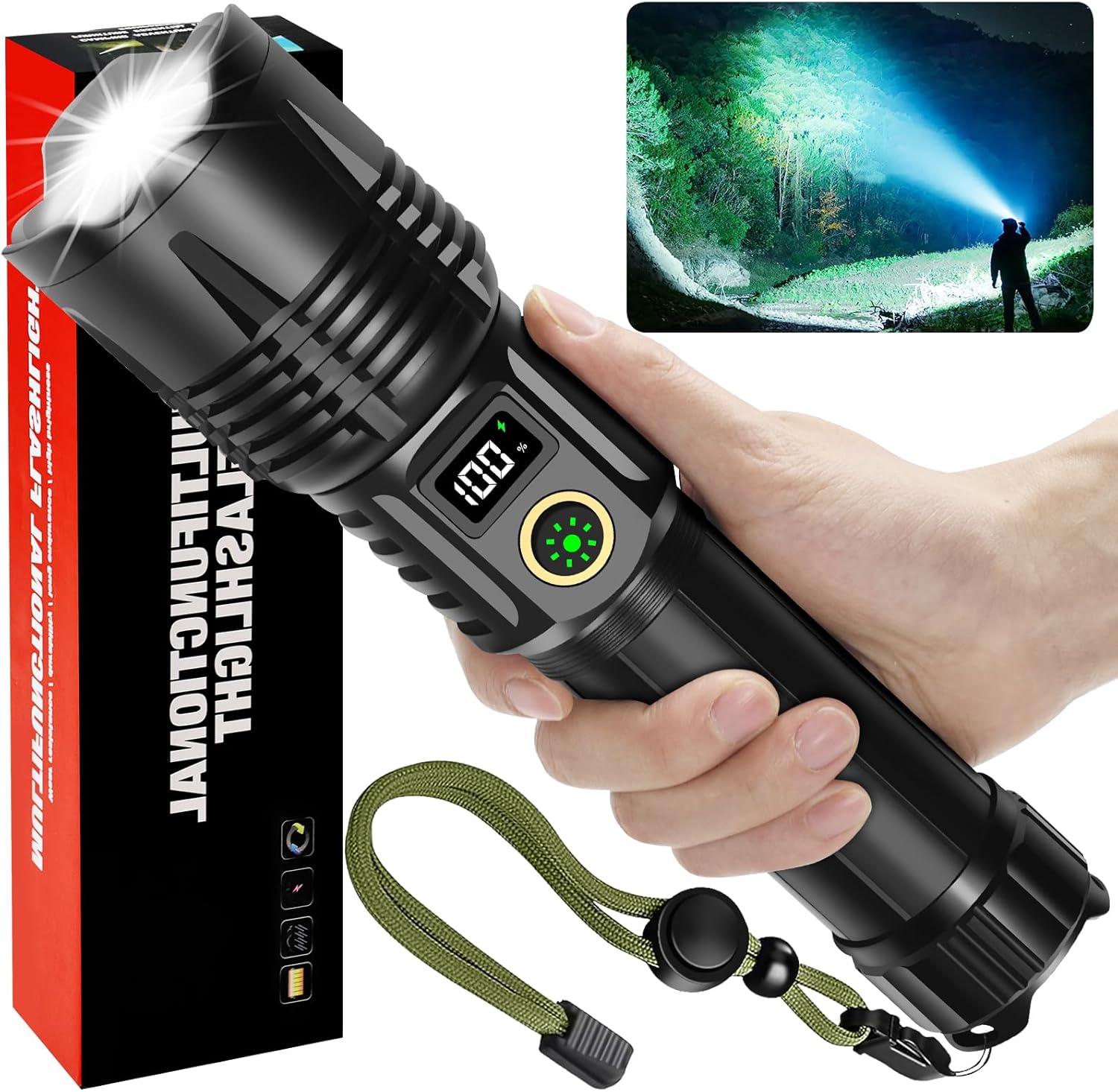 Flashlight High Brightness Rechargeable - 900000 Lumens LED Brightest Flashlight, 5000mAh Large Capacity, 5 Modes, IPX6 Waterproof Powerful Handheld Flashlight, Camping and Outdoor Use