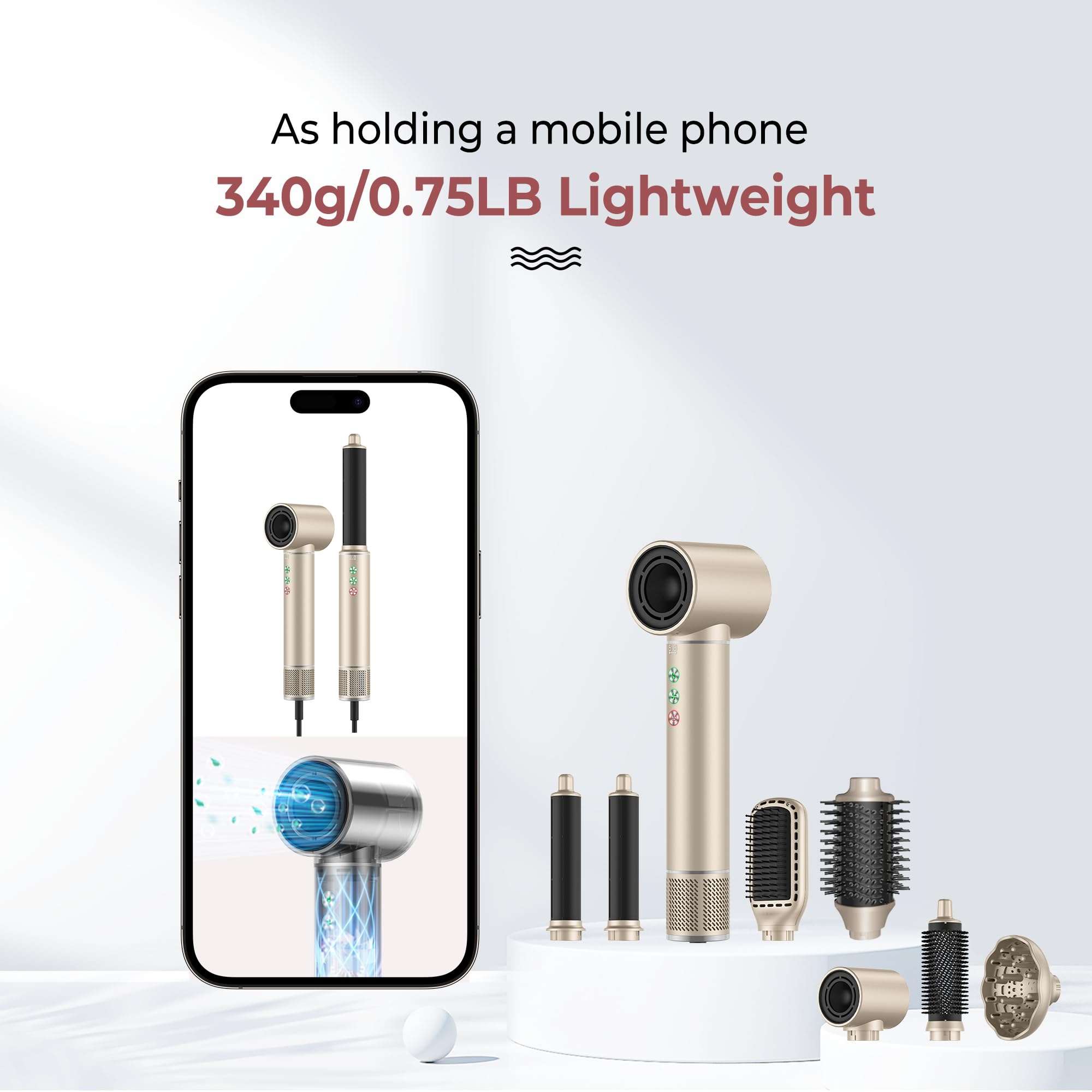 MogaWave Air Styler 7 in 1 Hair Styler Airbrush Haarstyler mit 110000 U/Min Haartrockner 1300W High Speed Föhn Mit Diffusor, Warmluftbürste, Auto Lockenstab Zum Styling, Volumisieren, Locken