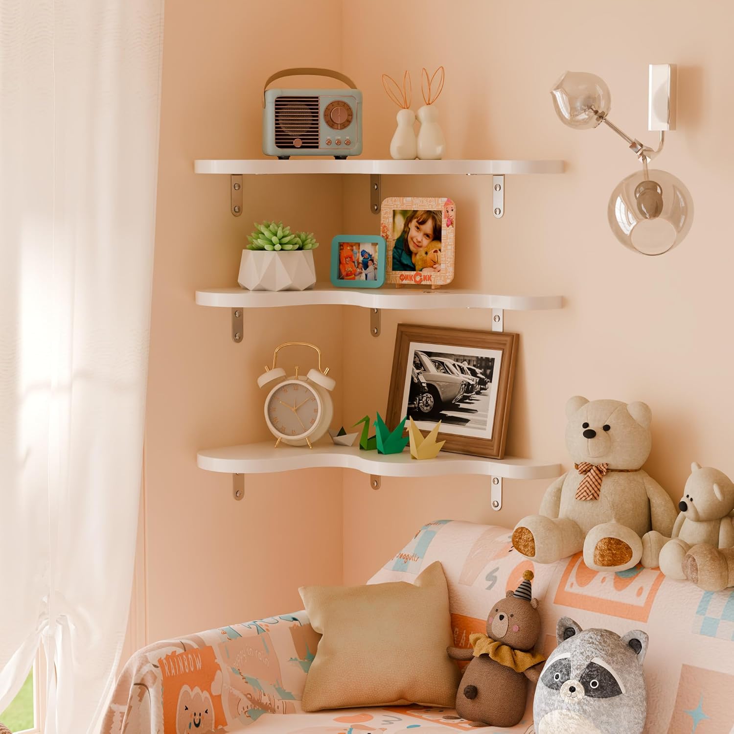 Cute Cloud Corner Shelves - Set of 3 White Wooden Floating Corner Shelves Wall Mounted, 90-Degree Space-Saving Nursery Shelves with Brackets, Kids Room Decor for Bedroom,Living Room,Bathroom