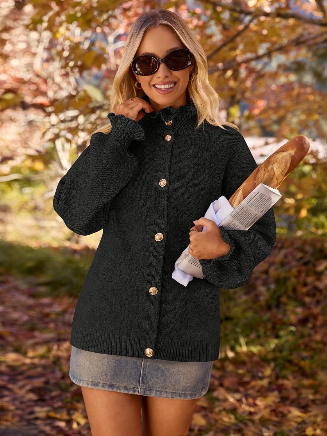 MEROKEETY Women's Fall 2026 Chunky Cardigan Sweaters Trendy Ruffle Button Down Long Sleeve Casual Knit Coat Winter Clothes - Image 2