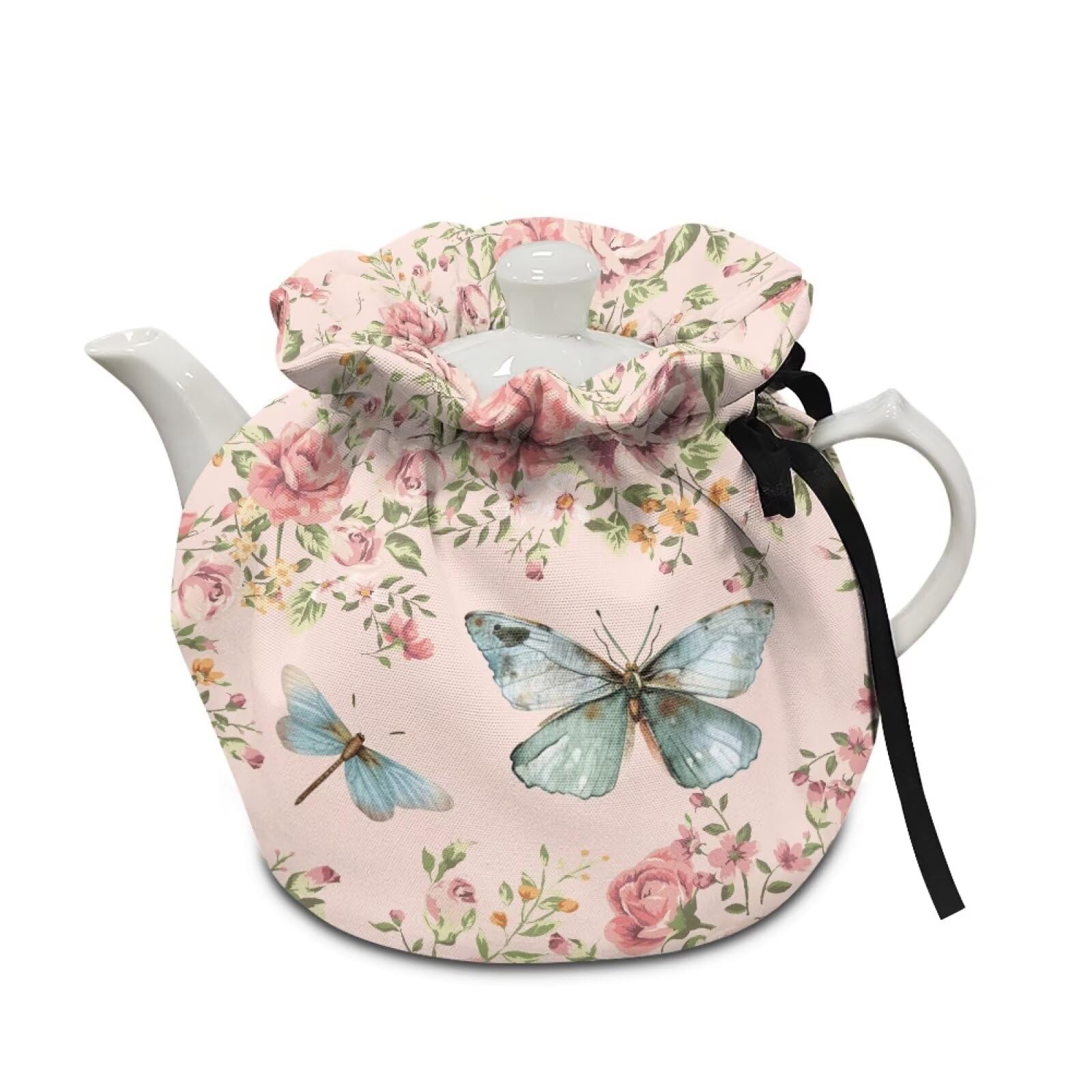 Floral Butterfly Teapot Cover with Double-Sided Drawstring Thermo Pad Teapot Protector and Everyday Gifts and Decorations for the Home Kitchen Table Hotel Tea Party
