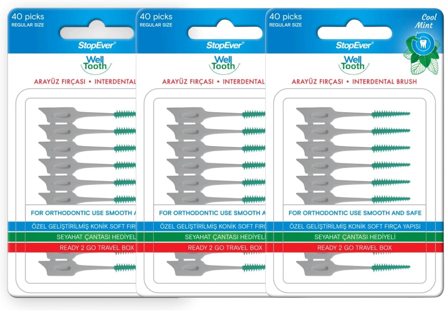 StopEver Well Tooth Arayüz Fırçası, Normal Boy, Beyaz & Yeşil, 3 Paket, 120 Adet