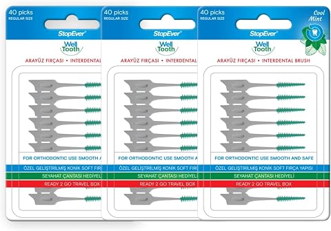 StopEver Well Tooth Arayüz Fırçası, Normal Boy, Beyaz & Yeşil, 3 Paket, 120 Adet