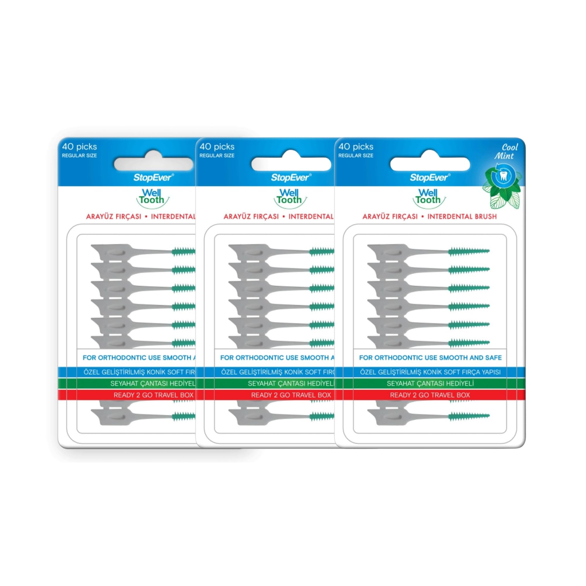 StopEver Well Tooth Arayüz Fırçası, Normal Boy, Beyaz & Yeşil, 3 Paket, 120 Adet