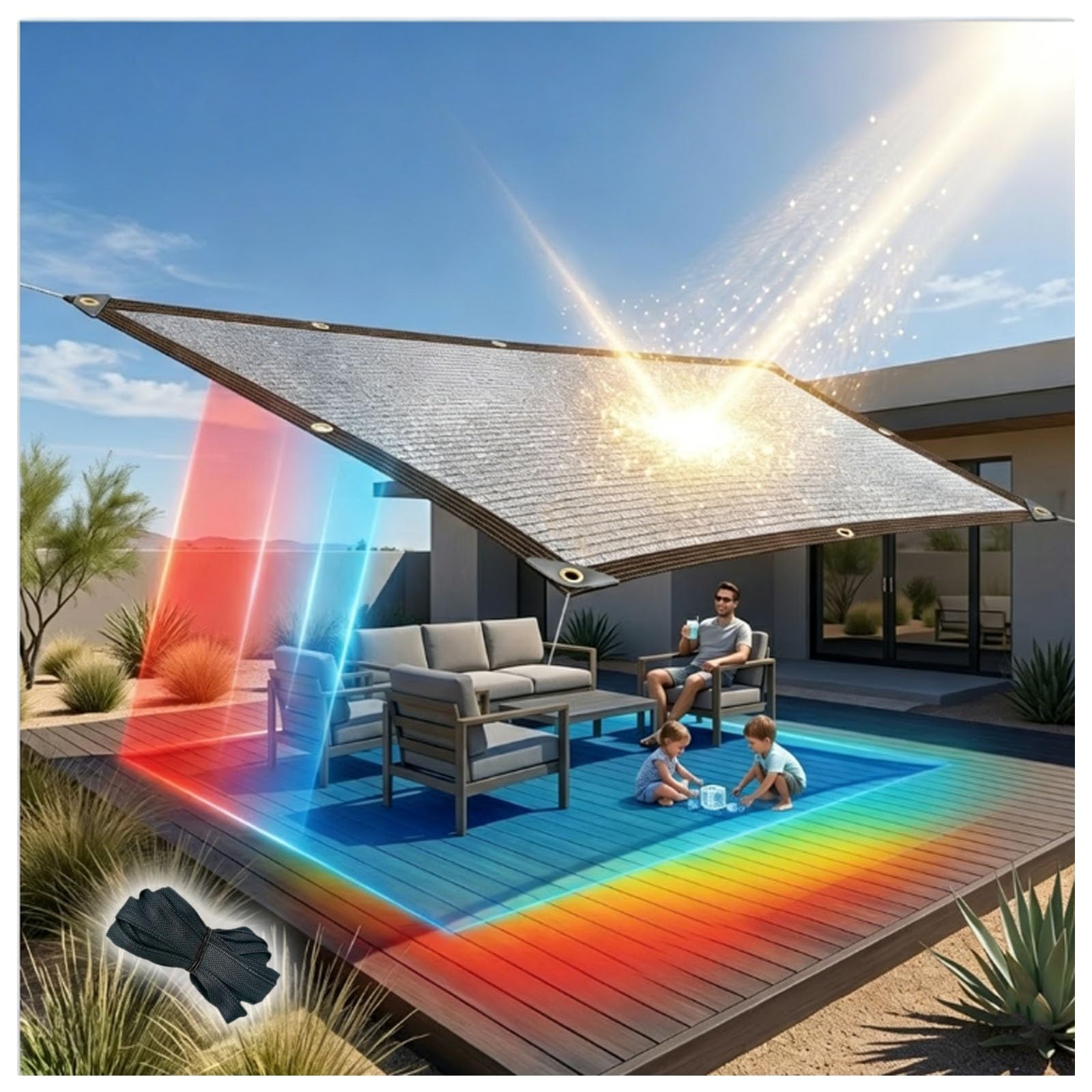 Filet d'ombrage avec cordes 6x10m pour bâche de serre et terrasse