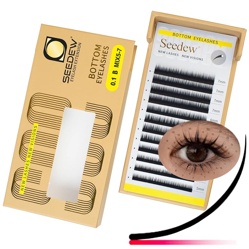 Extensões de cílios inferiores Seedew, curvatura B, espessura 0,10 mm, mix de 5–7 mm, 12 fileiras, preto fosco