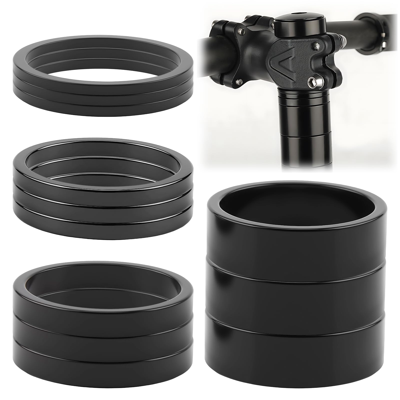 12pcs Bike Headset Spacer Set 1-1/8 Inch , 28.6mm Aluminium Alloy Bicycle Stem Spacers In 2mm, 3mm, 5mm, 10mm, Lightweight Mtb Road Bike Head Tube Spacers for Height Adjustment And Handlebar Setup