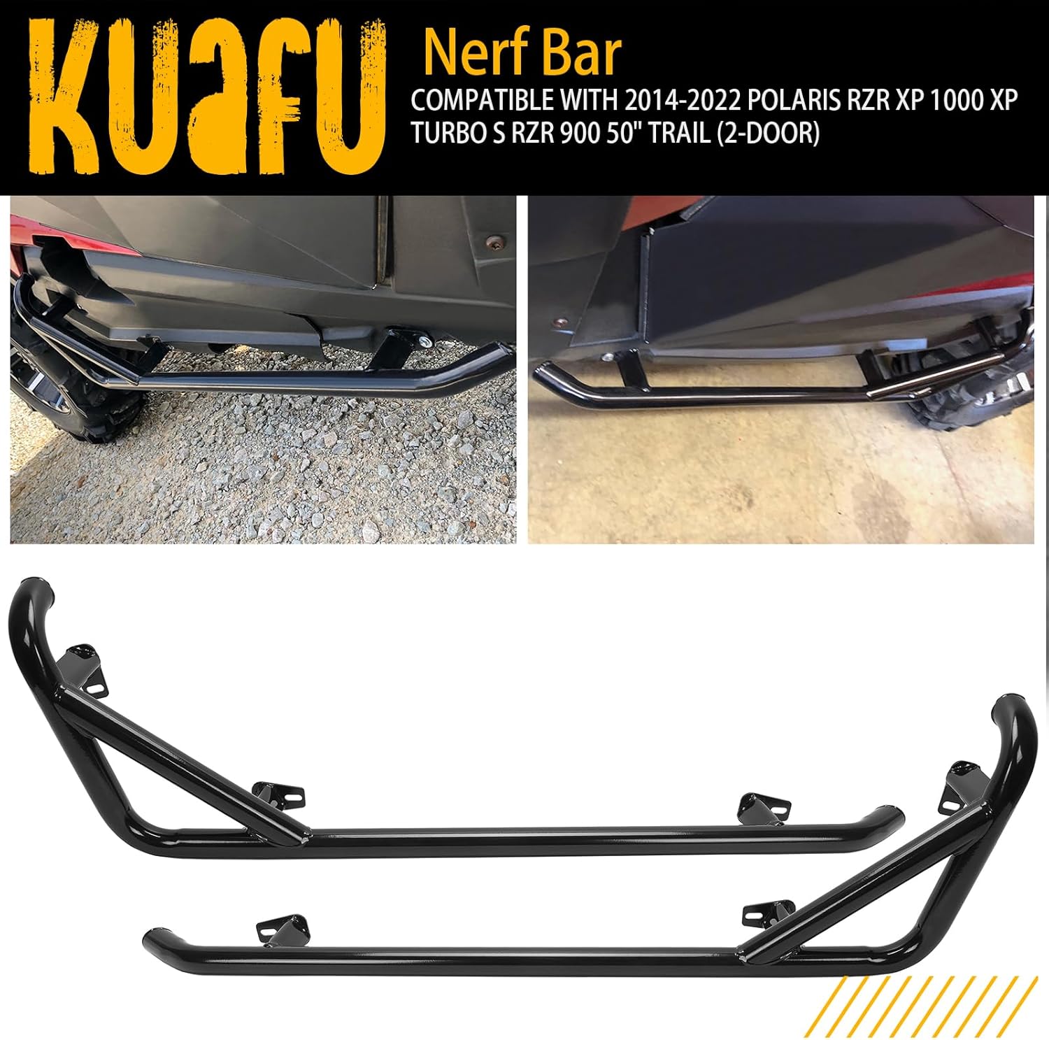 KUAFU Nerf Bars Rock Sliders Compatible with 2014-2023 Polaris RZR XP 1000 XP Turbo S RZR 900 50" Trail (2-Door) Side Steps 1 Pair Left & Right - Black