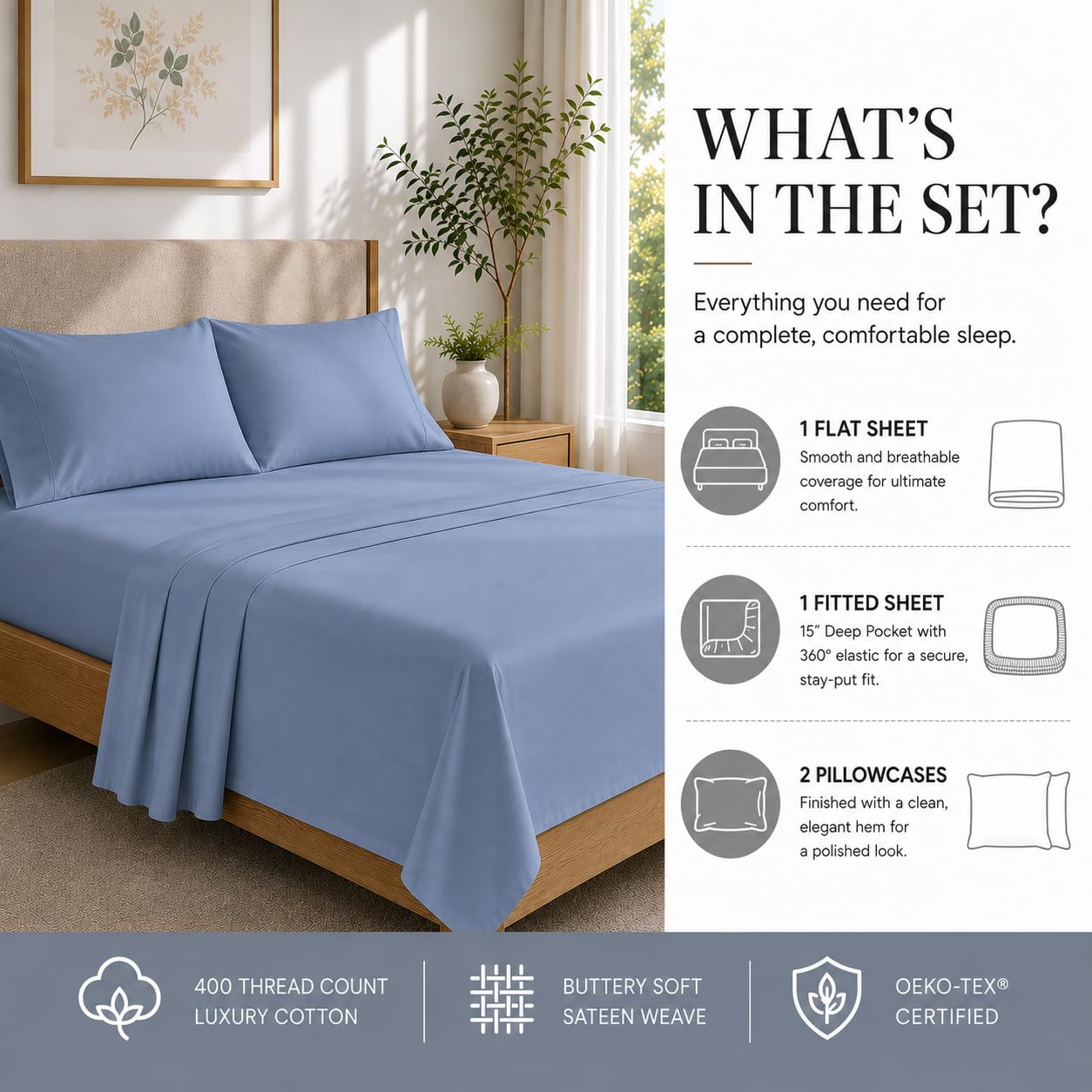French Blue Queen Sheet Set - 400 Thread Count -4 French Blue Queen Sheet Set - 400 Thread Count -4