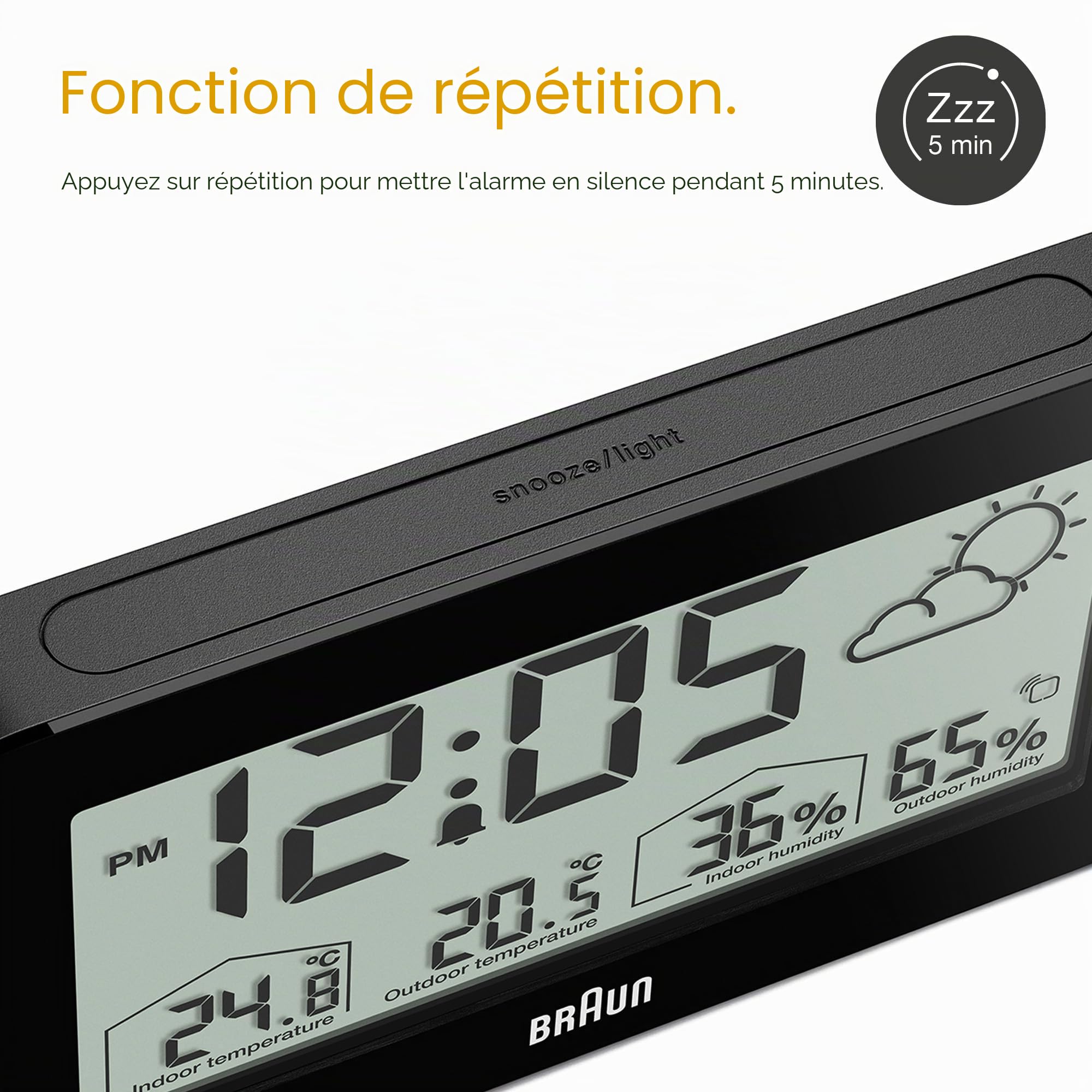 Braun Station météo numérique Réveil avec indicateur de température et d'humidité, prévisions météo, écran LCD, réglage rapide, alarme sonore Crescendo en noir, modèle BC13BP.