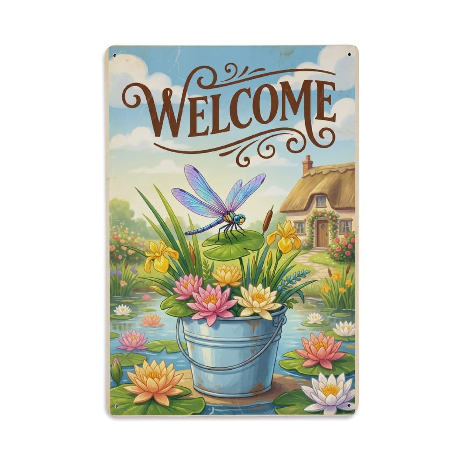 Cxhjca 8X12inch(20X30cm) Vintage Welcome Dragonfly Bright Moments Metal Tin Sign