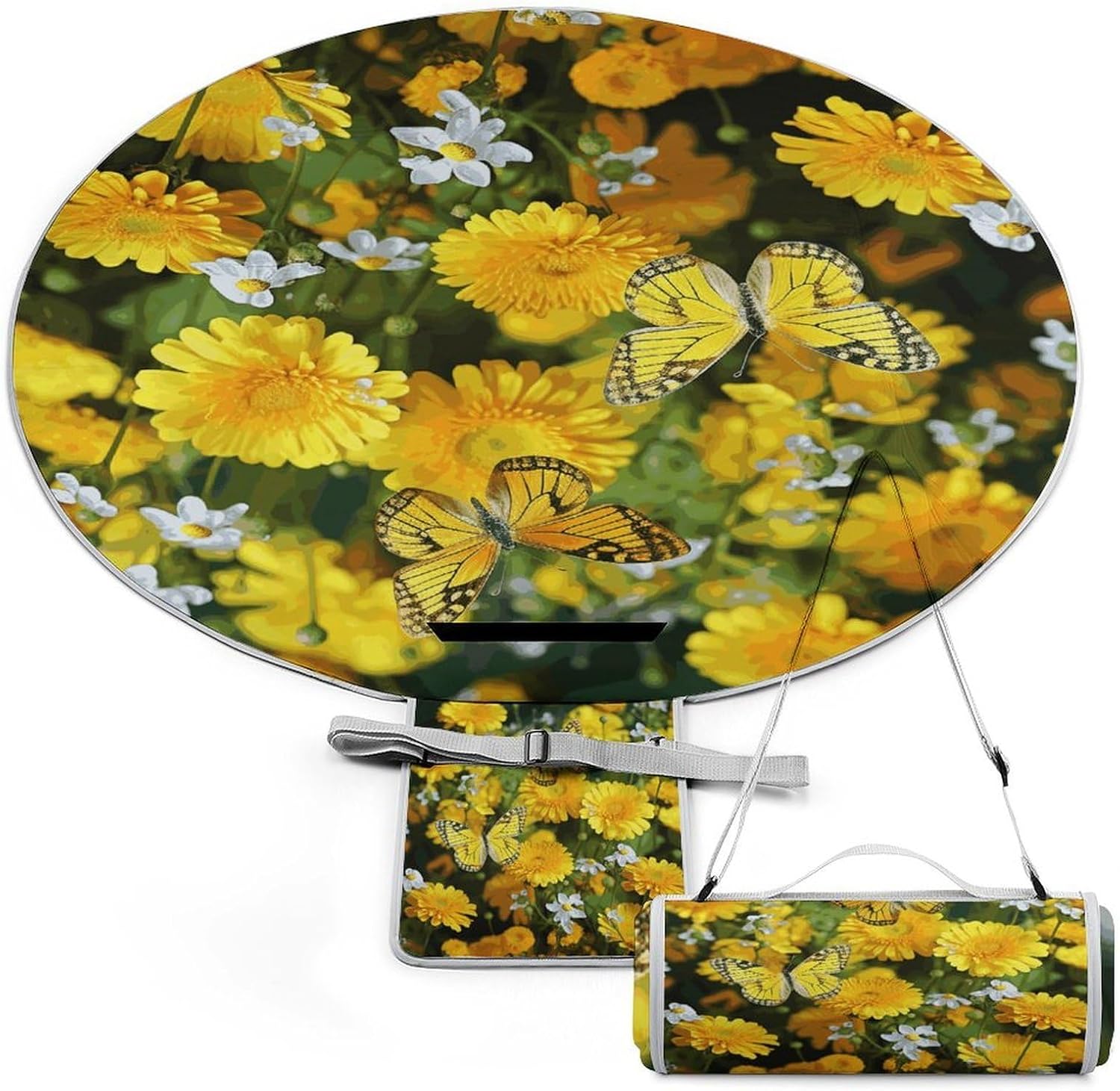Yellow Butterfly And Yellow Daisies Picnic Mat Lightweight Waterproof Picnic Blankets Extra Large Picnic Outdoor Blankets Foldable Sandproof Beach Blanket for Park Beach Camping Courtyard 58.3''x58.3'