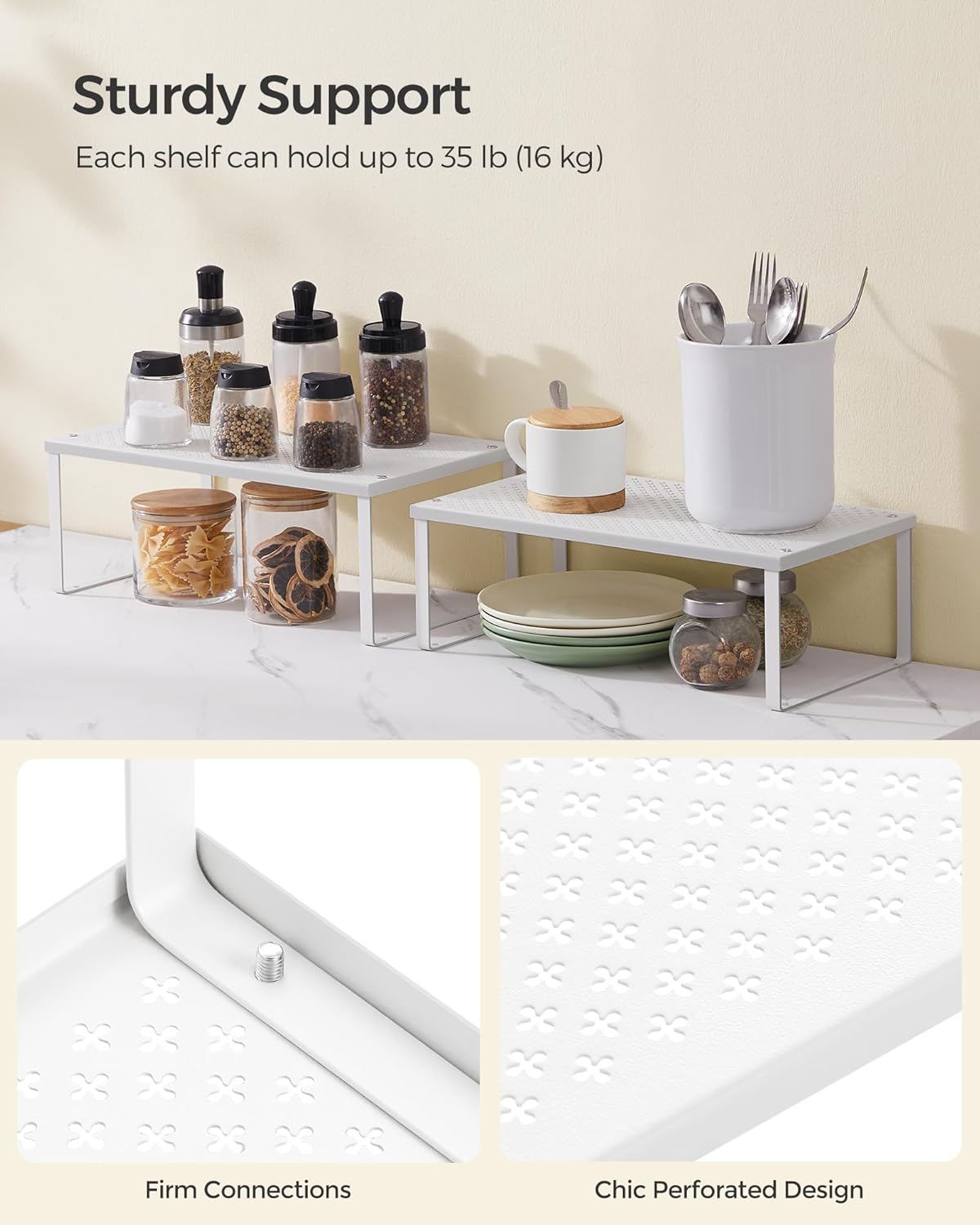 SONGMICS Spice Racks, Set of 2 Metal Cabinet Shelf Organizers, Countertop Organizers, Shelf Risers, Stackable, Expandable, White UKCS401W01 - Image 4