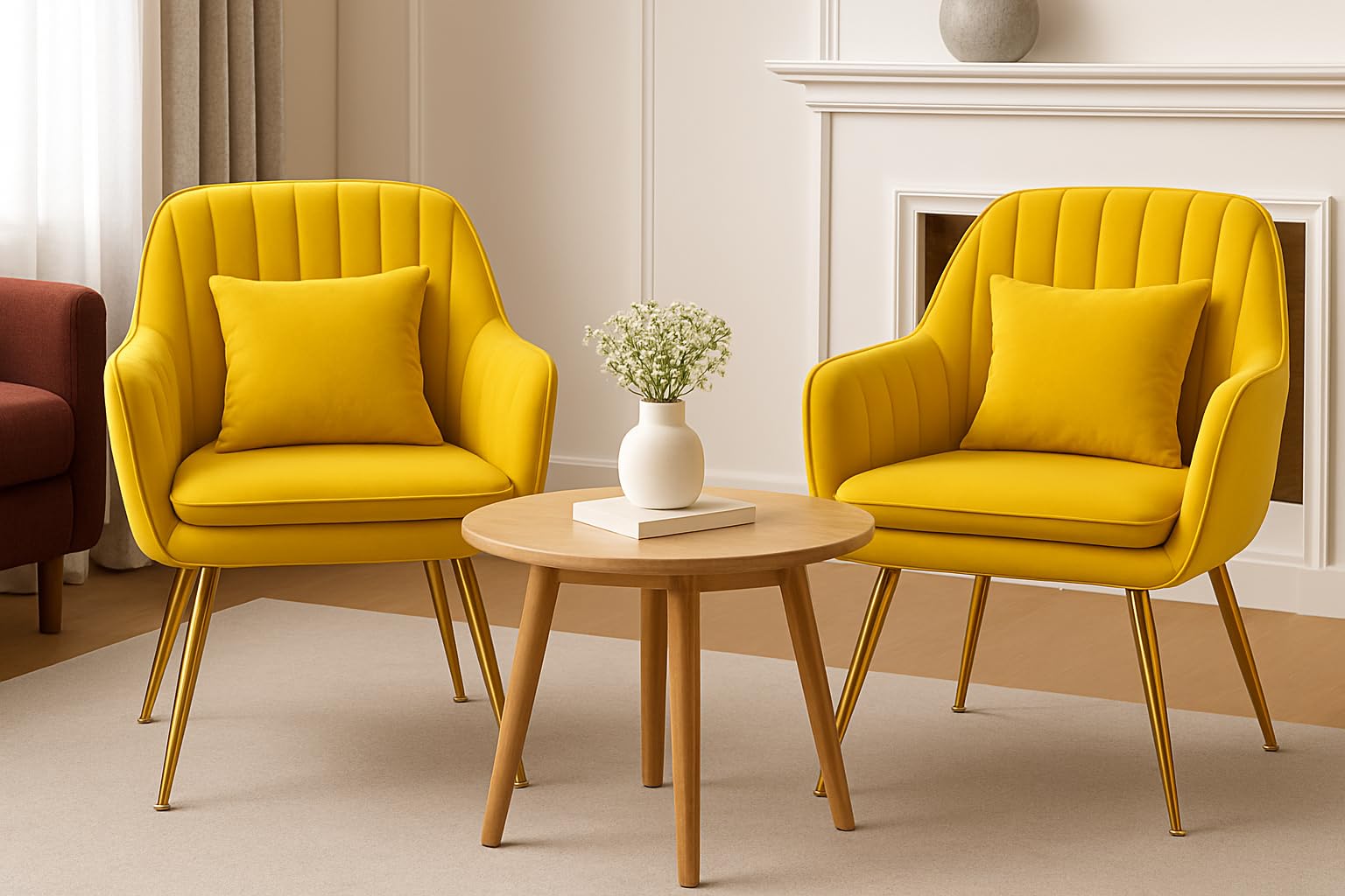 CHAIR DECOR Yellow Velvet Chair for Home | Modern Accent Armchair with Pillow in Soft Velvet Fabric with Golden Legs | Set of 2 Premium Accent Chair for Living Room Bedroom Restaurent | 2 pc-image-37