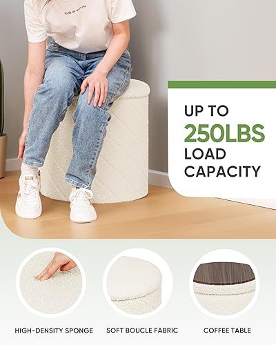 Miniatura 3 de B FSOBEIIALEO Otomana con almacenamiento, otomana redonda de bouclé con bandeja, taburete reposapiés para dormitorio, sala de estar blanca,