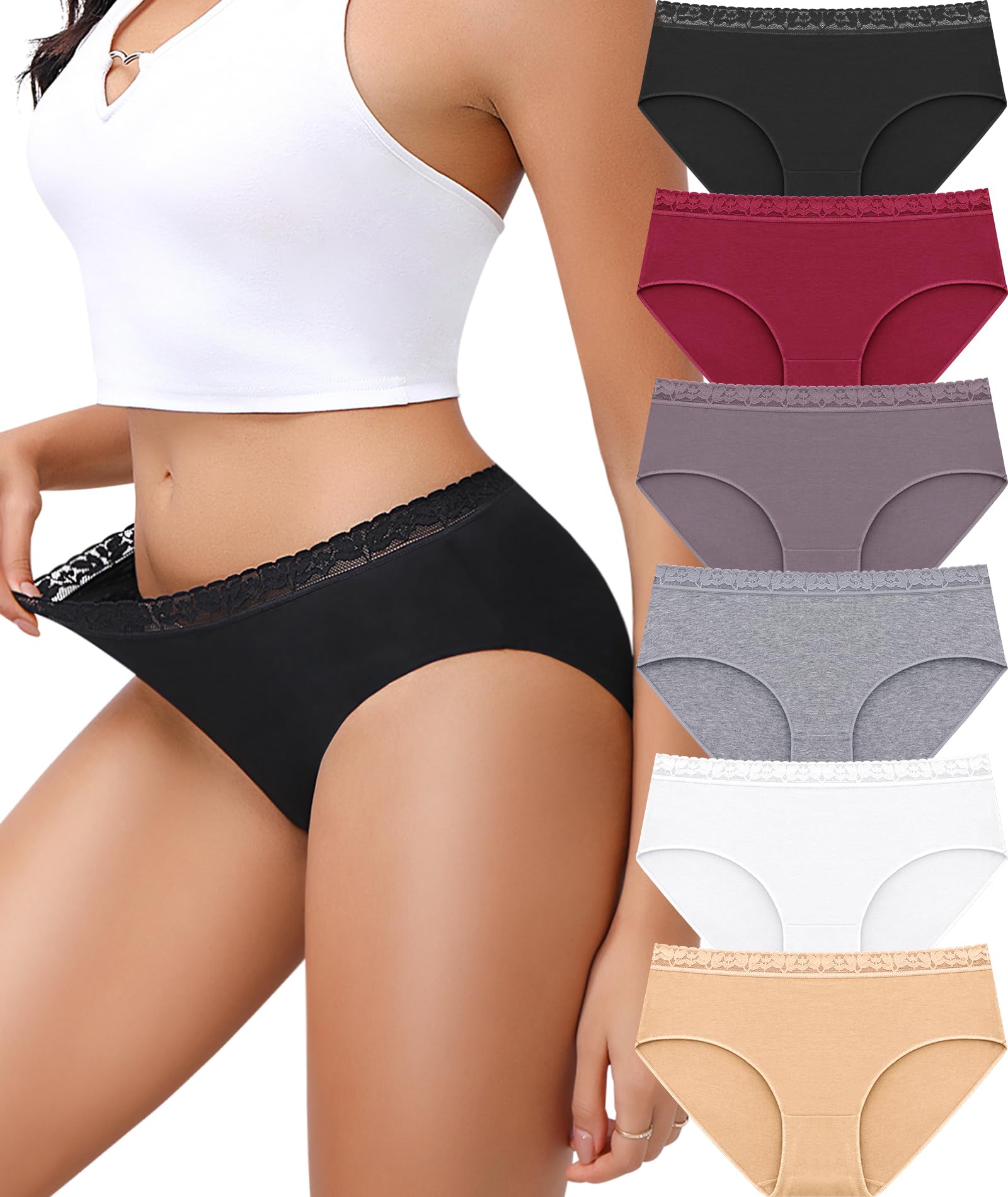 Cotton Underwear for Women 6 Pack Full Coverage Briefs Sexy Panties Lace Waistband Ladies Bikini Hipster