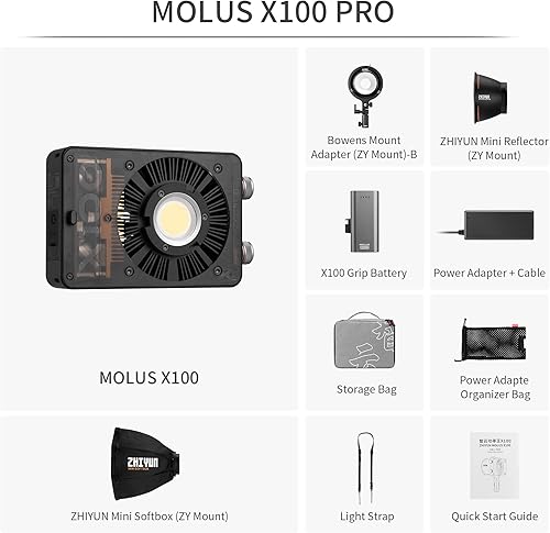 Miniatura 2 de Zhiyun MOLUS X100 PRO 100w COB LED luz de video, luz de cámara bicolor 2700K-6500K con aplicación Bluetooth Control de brillo Iluminación continua