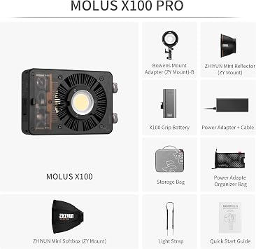 Zhiyun MOLUS X100 PRO 100w COB Led Video Light, 2700K~6500K Camera Light, CRI 95+ TLCI 97+ with App Control Photography Lighting (X100-PRO)