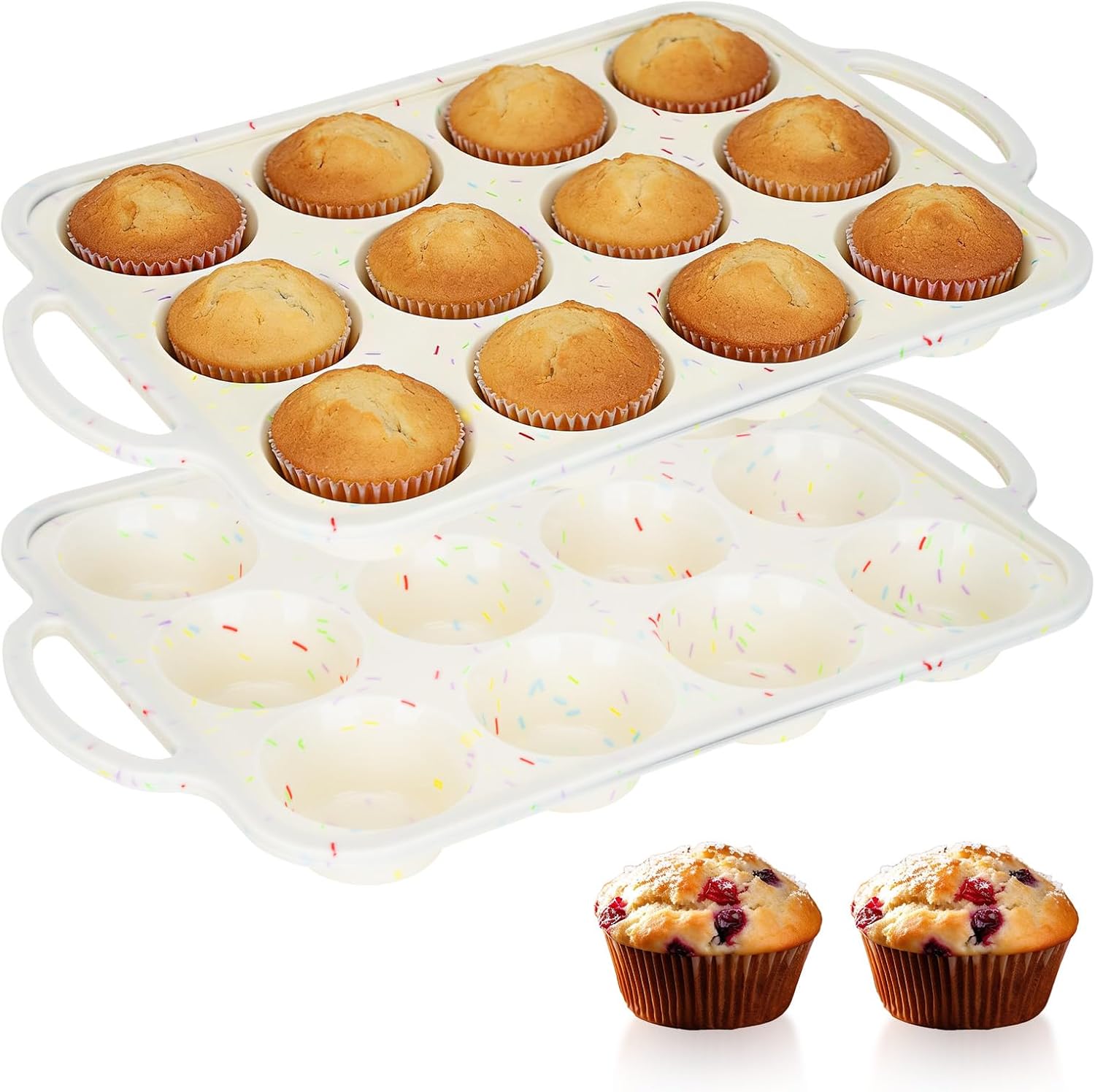 2 Pack Silicone Muffin Pans, 12-Cup Non-Stick Cupcake Baking Mold, BPA-Free Food-Grade Flexible Bakeware, Dishwasher Safe for Kitchen & Baking Enthusiasts