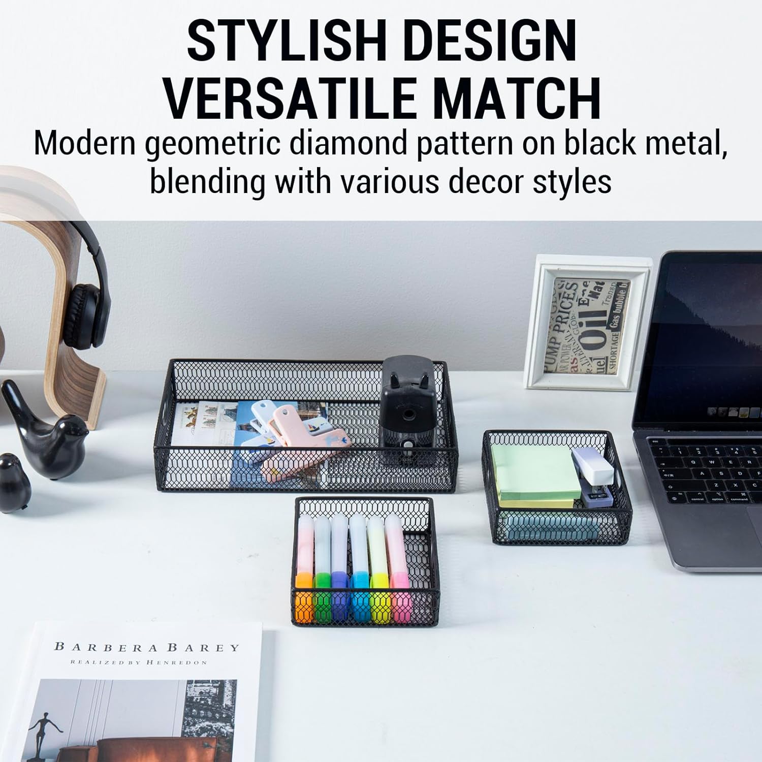 MyGift Modern Geometric Diamond Pattern Black Metal Wire Tabletop Organizer Trays, Office Desk Supplies Nesting Bins, Makeup Accessories Drawer Storage, 3 Piece Set