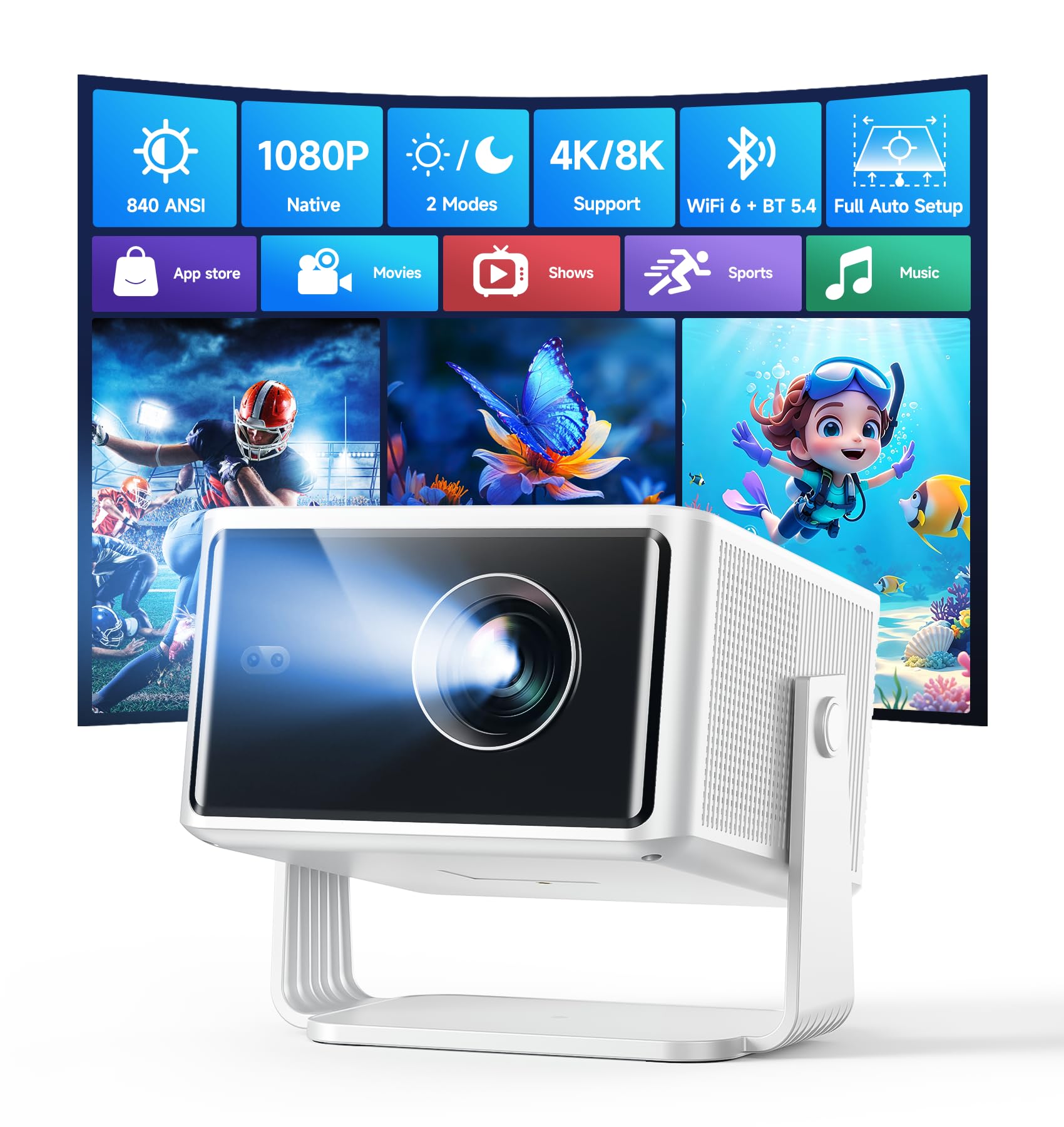 【1080P Nativo e 840 ANSI】Magcubic Mini Proiettore Portatile, Supporta 4K/8K | Protezione da polvere e punti neri, Android 14 App integrate Audio 15W, WiFi 6 BT 5.4 Videoproiettore per Smart TV e telefono