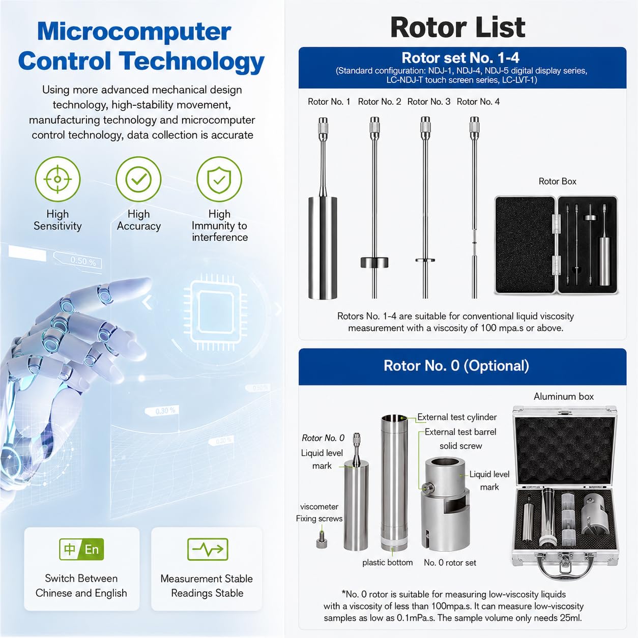 Viscosímetro digital giratorio de alta precisión, medidor de viscosidad de fluidos con altura ajustable, 4 rotores, hasta 100000 mPa.s, para pinturas y recubrimientos