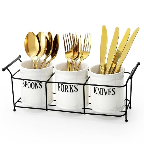Bekith 3-Piece White Ceramic Silverware Caddy with Black Metal Rack,