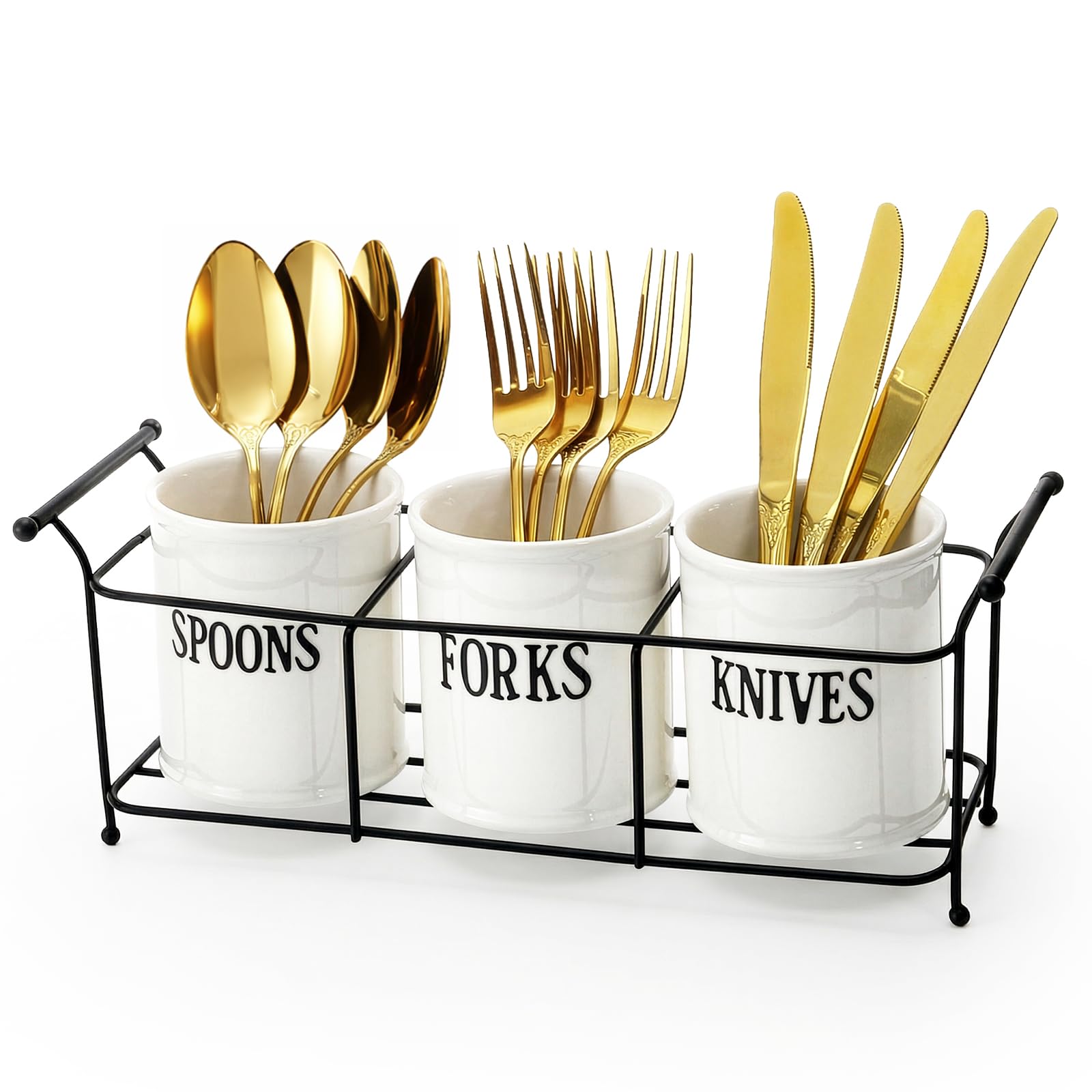 Photo 1 of ***ONLY 2 PCC*****Bekith 3-Piece White Ceramic Silverware Caddy with Black Metal Rack, Utensil Holder Flatware Caddy Cutlery Storage Organizer for Kitchen Table, Cabinet or Pantry