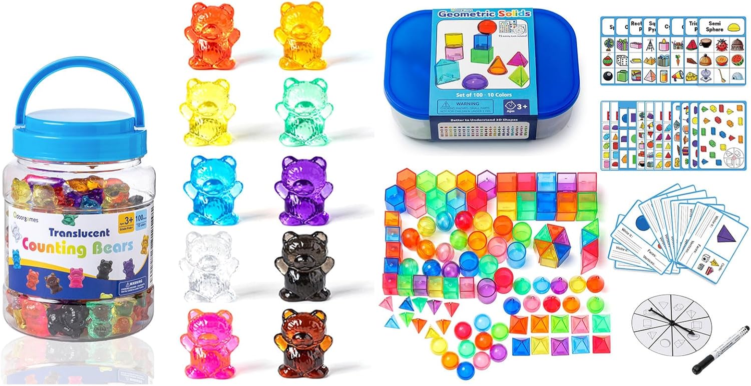 100 Pcs Translucent Bear Counters - 100 Pcs 3D Shapes for Teaching - Geometric Solids and Geometry Manipulatives for Classroom - Enhance Learning Experience
