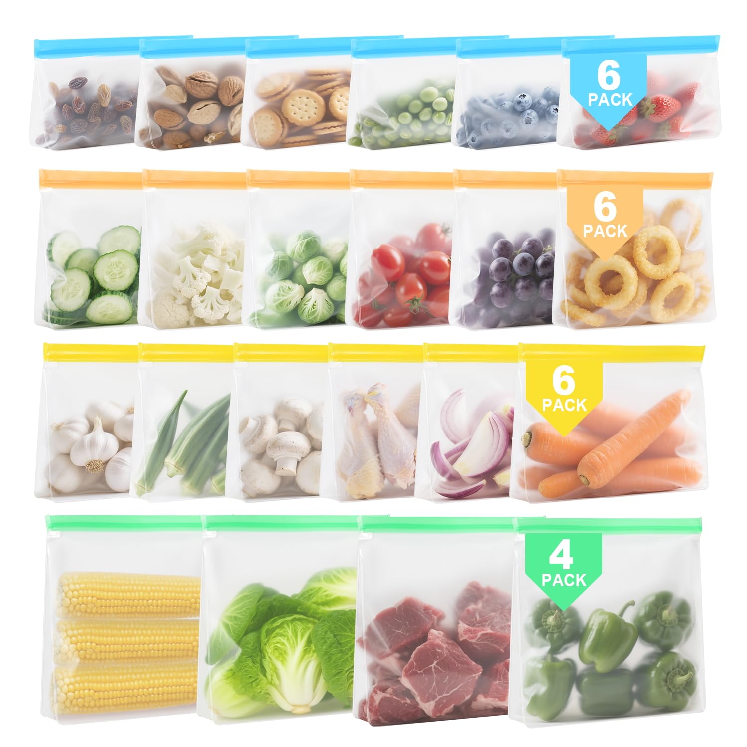 22 Pack Reusable Freezer Bags - Extra Thick Silicone Food Bags for Storage,Stand-up Reusable Food Pouches, BPA Free Ziplock Food Bags for Lunch, Sandwich, Meal Prep, Snack