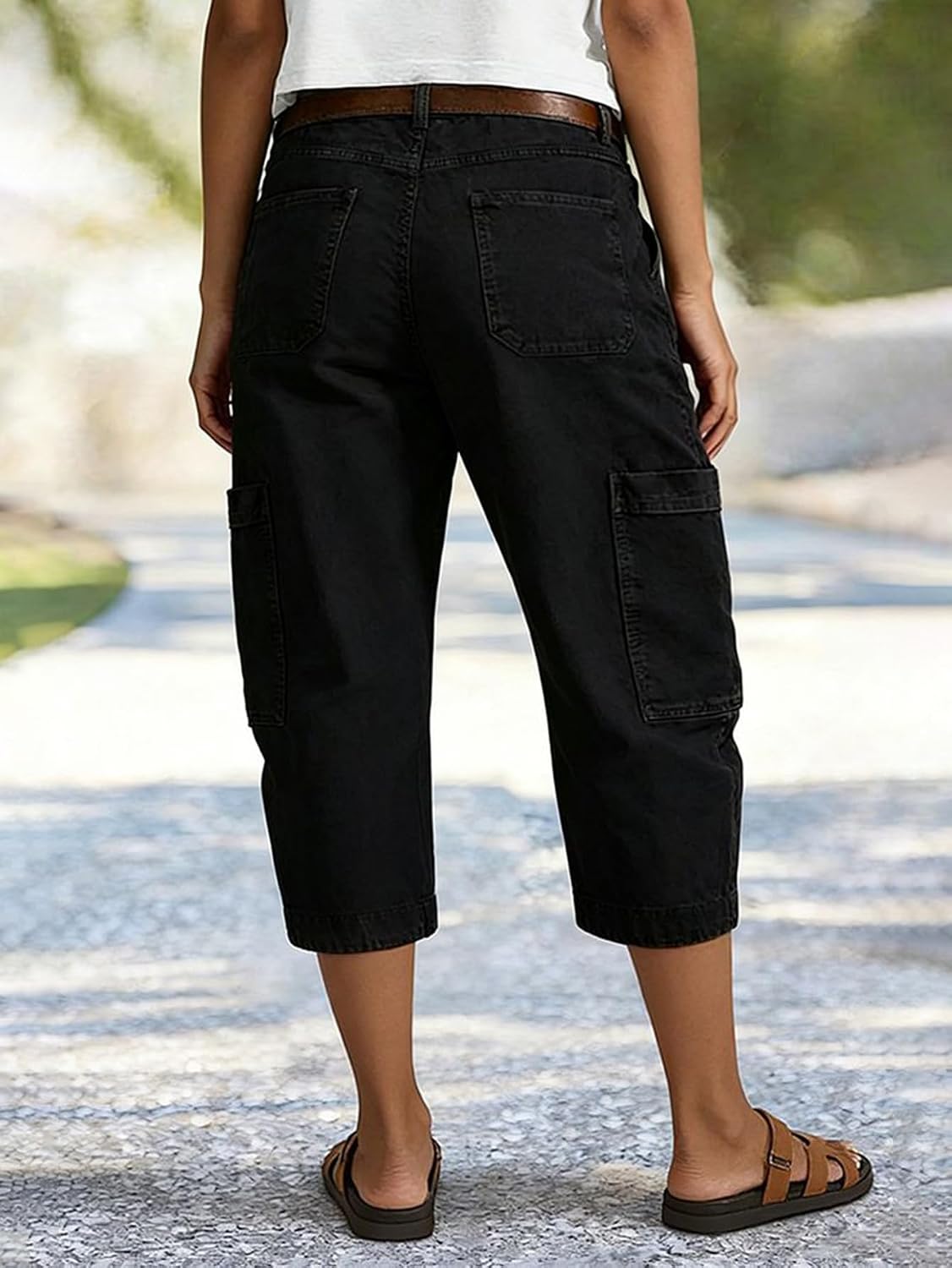 Flamingals Straight Leg Mid Rise Capri Pants for Women Vintage Wash Pocket Side Barrel Chino Keen Length Summer Pants Trendy