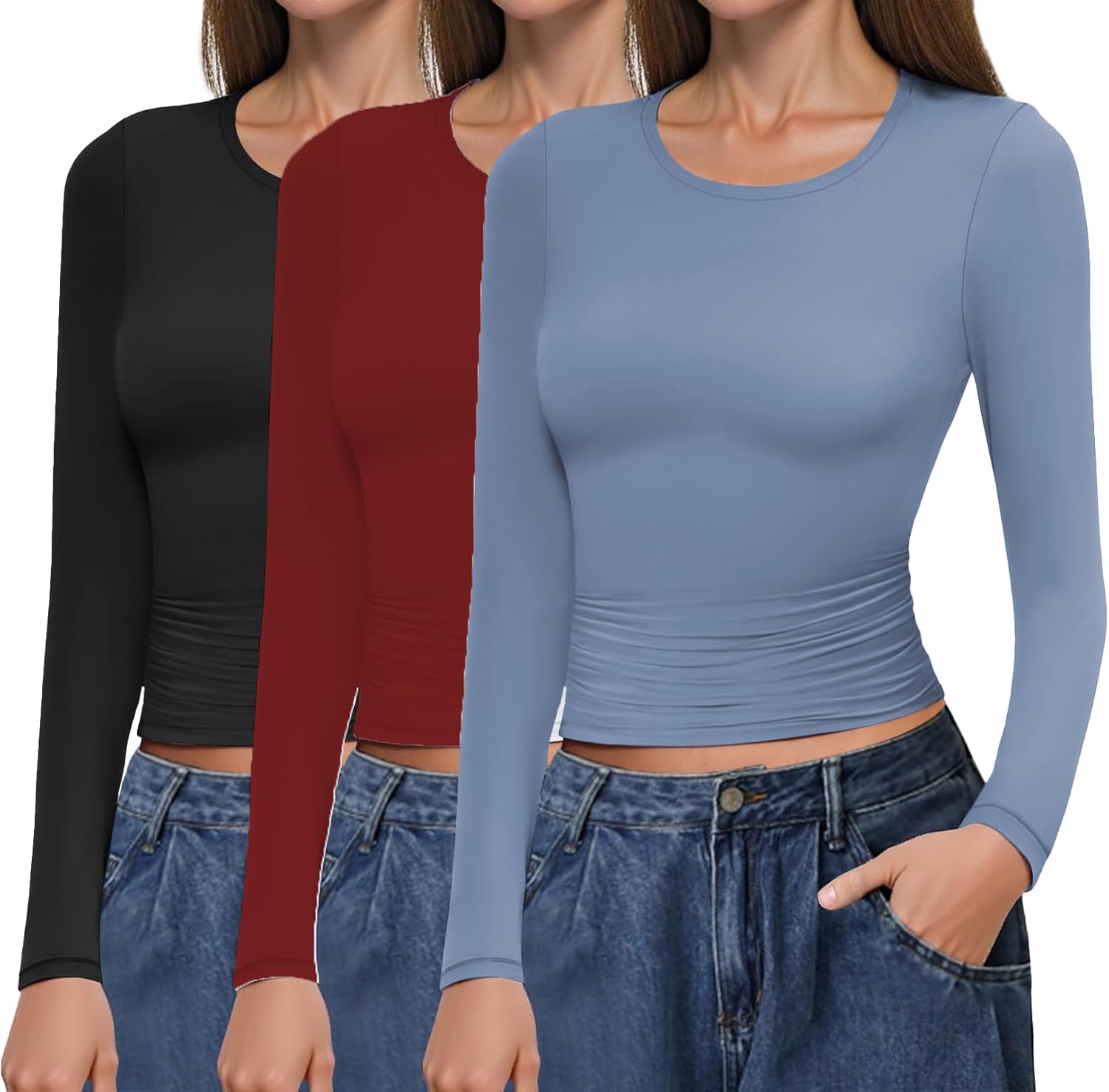 Ekouaer Shirt met lange mouwen voor dames, 3 stuks, ronde hals, nauwsluitend, sexy thermo-bovenstuk, basic top, warm sweatshirt, onderhemd, XS-XXL, zwart winered groen, S