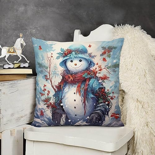 HighonHi Fundas de almohada de muñeco de nieve con acebo y ramas, funda de cojín vintage de Navidad, fundas cuadradas decorativas para decoración