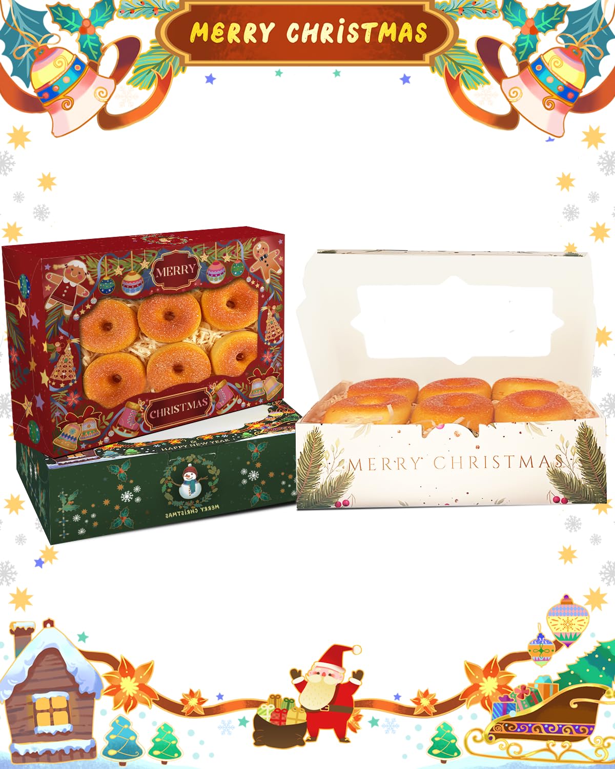 qiqee Scatola per biscotti di Natale con finestra, 22,9 x 15,2 x 6,3 cm, 50 pezzi, per pasticceria, macaron, stile retrò, per Natale