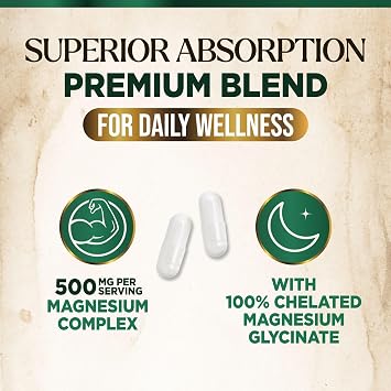 Magnesium Complex Supplement - Magnesium 500mg Per Serving - High Absorption Blend of Glycinate, Citrate, Malate, Oxide - Supports Sleep, Muscle, Bone, Heart Health - Bottled in USA - 60 Capsules