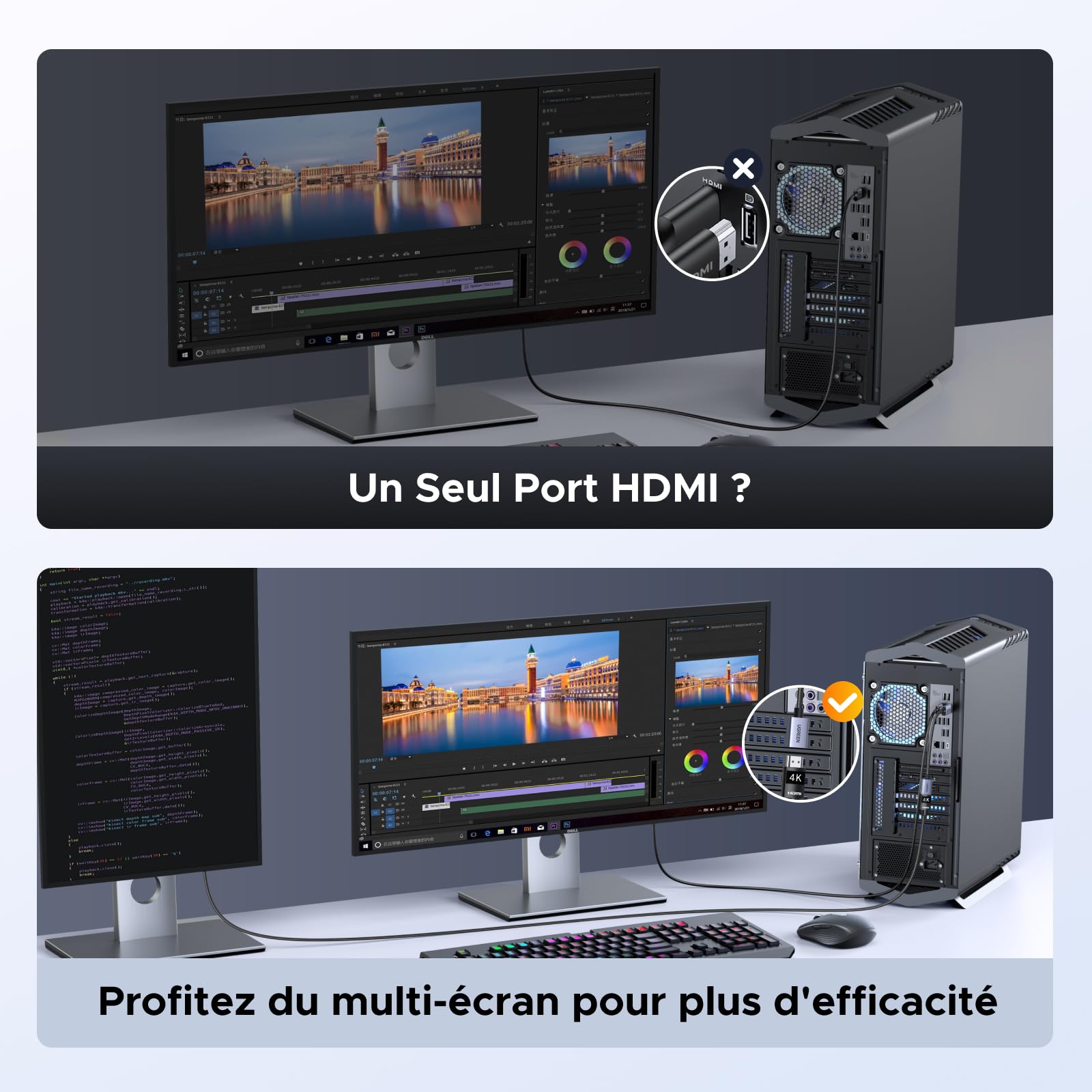 UGREEN 4K Adaptateur DisplayPort vers HDMI 4K 30Hz 2K 60Hz Convertisseur DP Mâle vers HDMI Femelle Unidirectionnel en Nylon Tressé Compatible avec Laptop HDTV Moniteur Projecteur (1 Pack)