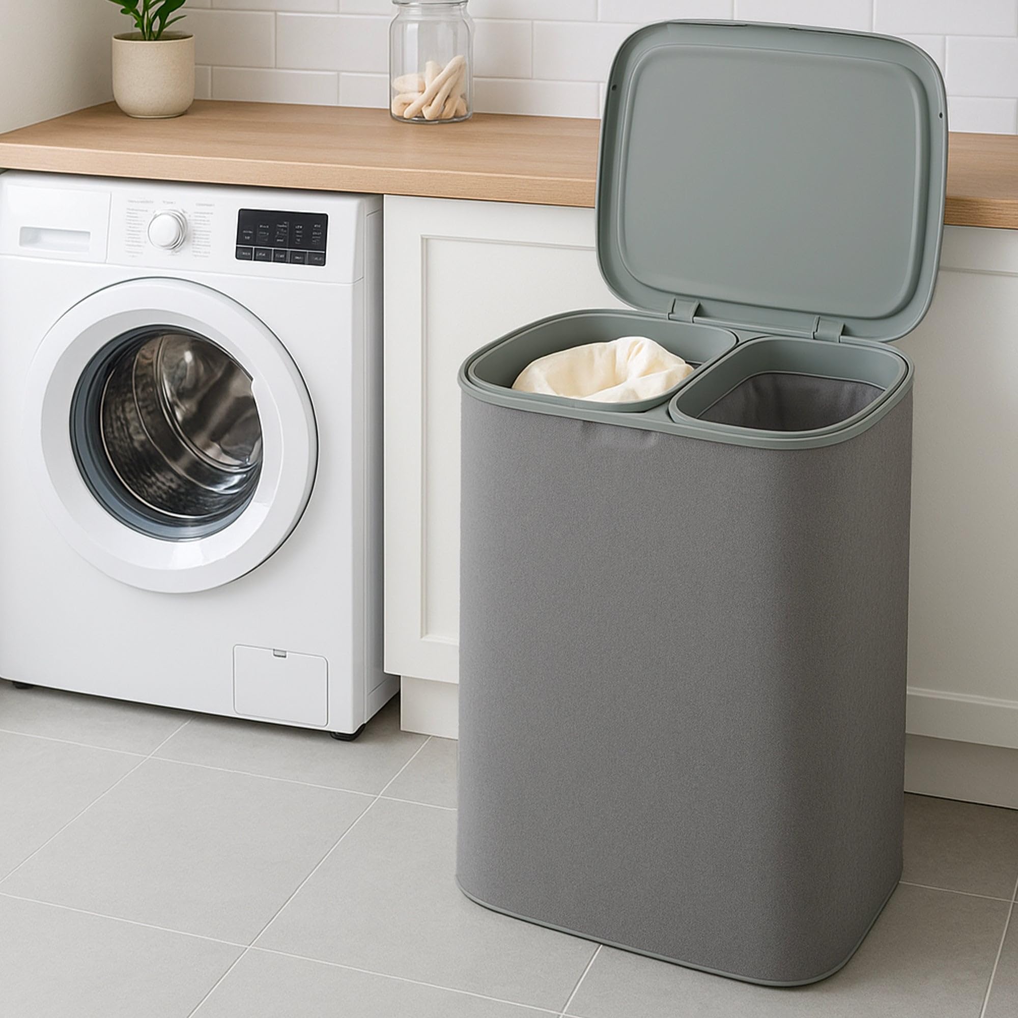 Cesto portabiancheria in tessuto grande capacità 90 litri con separazione, 2 sacchetti di lavaggio rimovibili con coperchio, modello SVEN