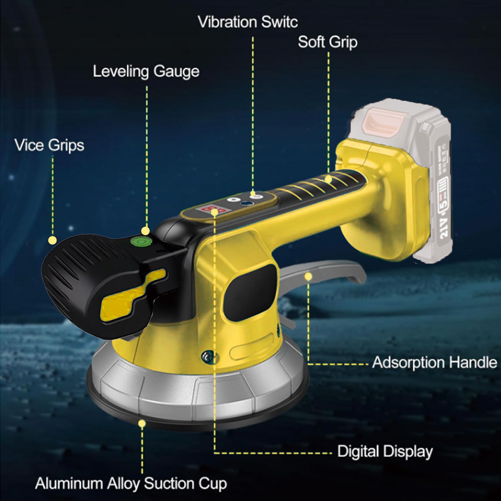 Herramienta inalámbrica de vibración de azulejos, azulejo compatible con batería Dewalt de 20 V, máquina de azulejos con 10 engranajes ajustables, absorción de 850 kg, motor de 23000 rpm, ventosa de