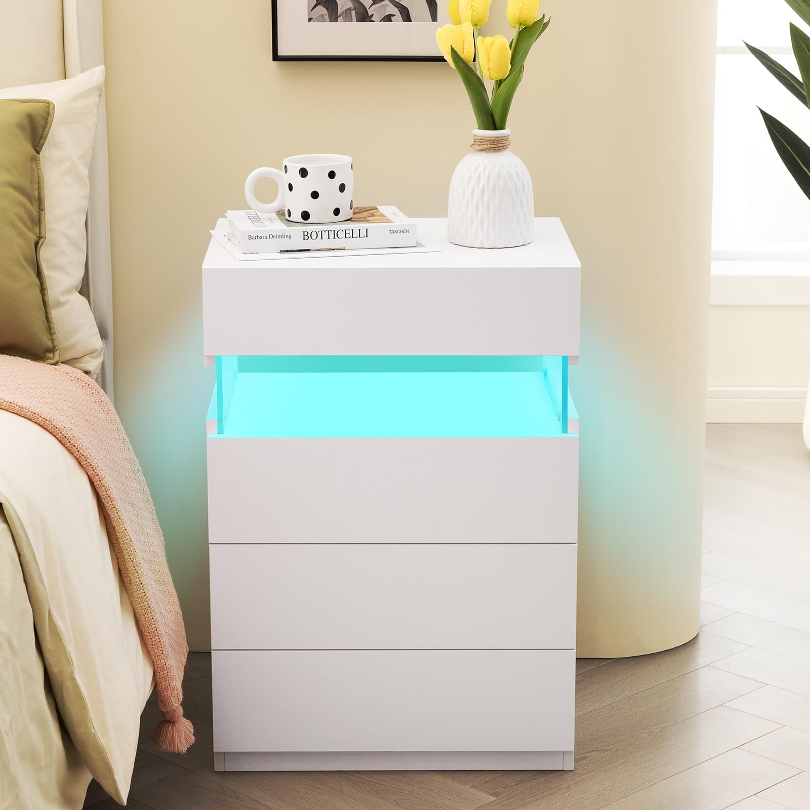 Bingoday White Nightstand 30 inches Tall,Modern Night Stand with 4 Drawers,LED Nightstand,Large Capacity,Multi-Color LED Lights,End Side Table for