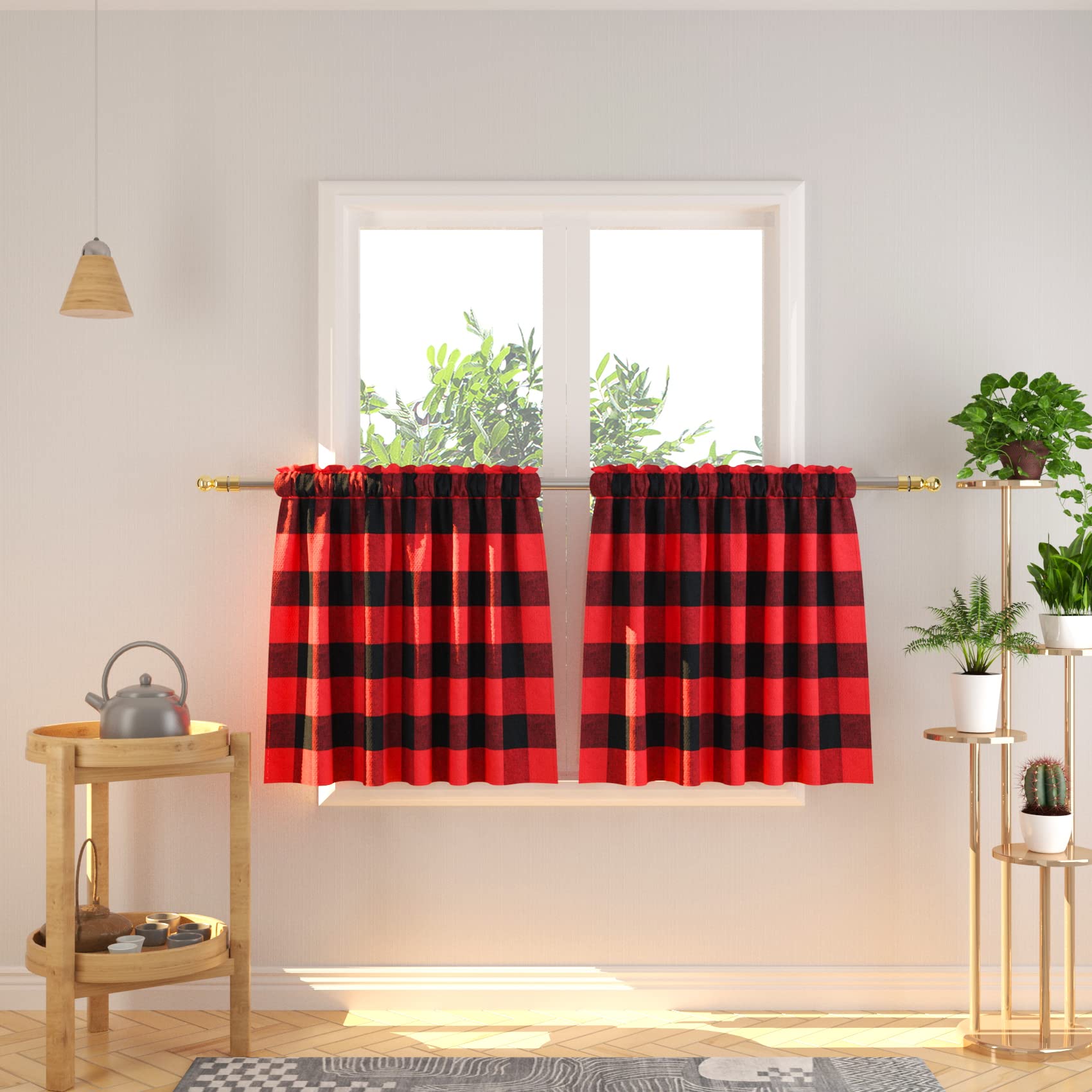 NATUS WEAVER Cafe Curtains 24 inches Long Buffalo Plaid Kitchen Tiers 2 Panels Rod Pocket Gingham Check Short Small Half Window Curtains Bathroom Red