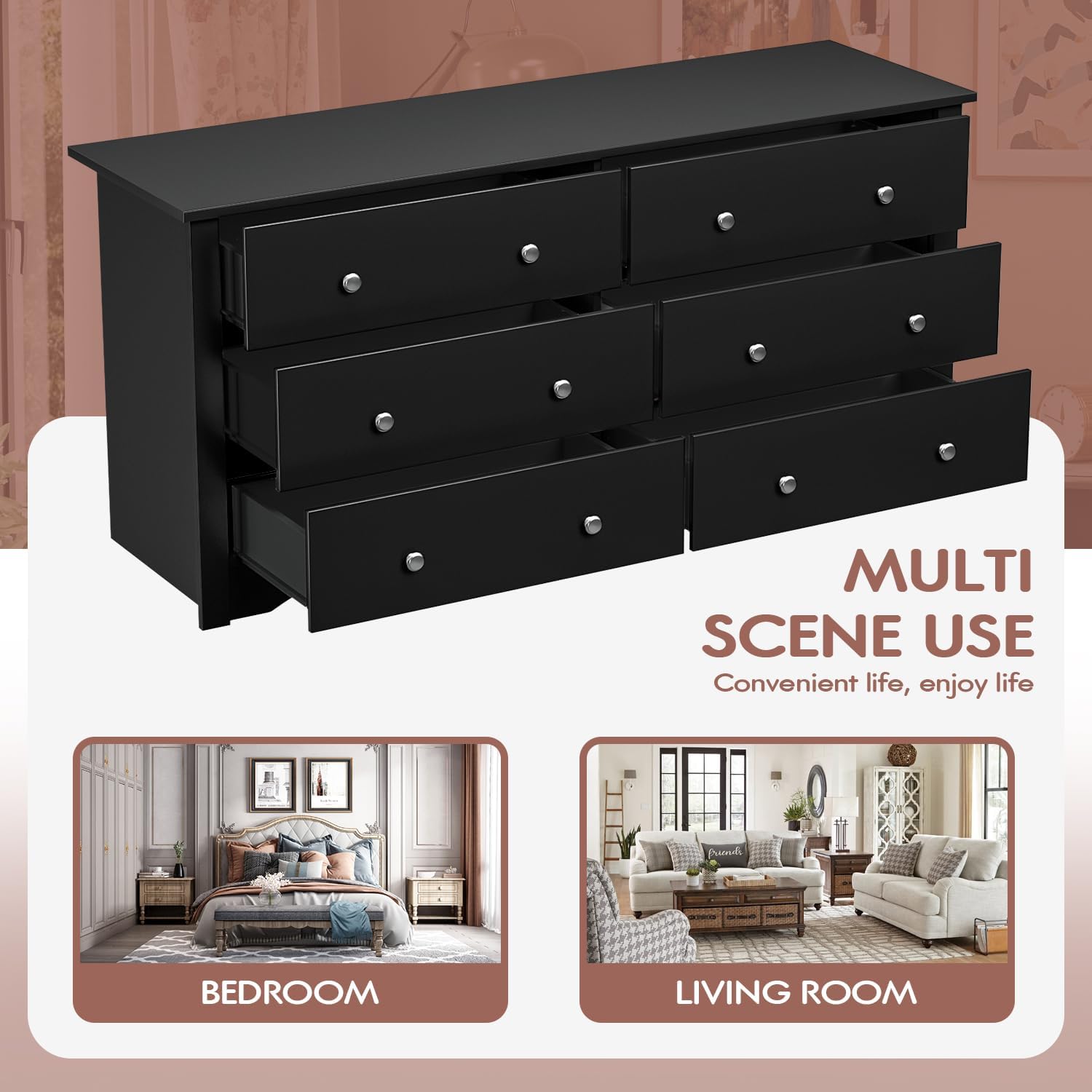 YESHOMY Dresser for Bedroom with 6 Drawer, Wood Wide Chest Storage Organizer and TV Stand for Living Room, Hallway, Dormitory, Black - Image 7