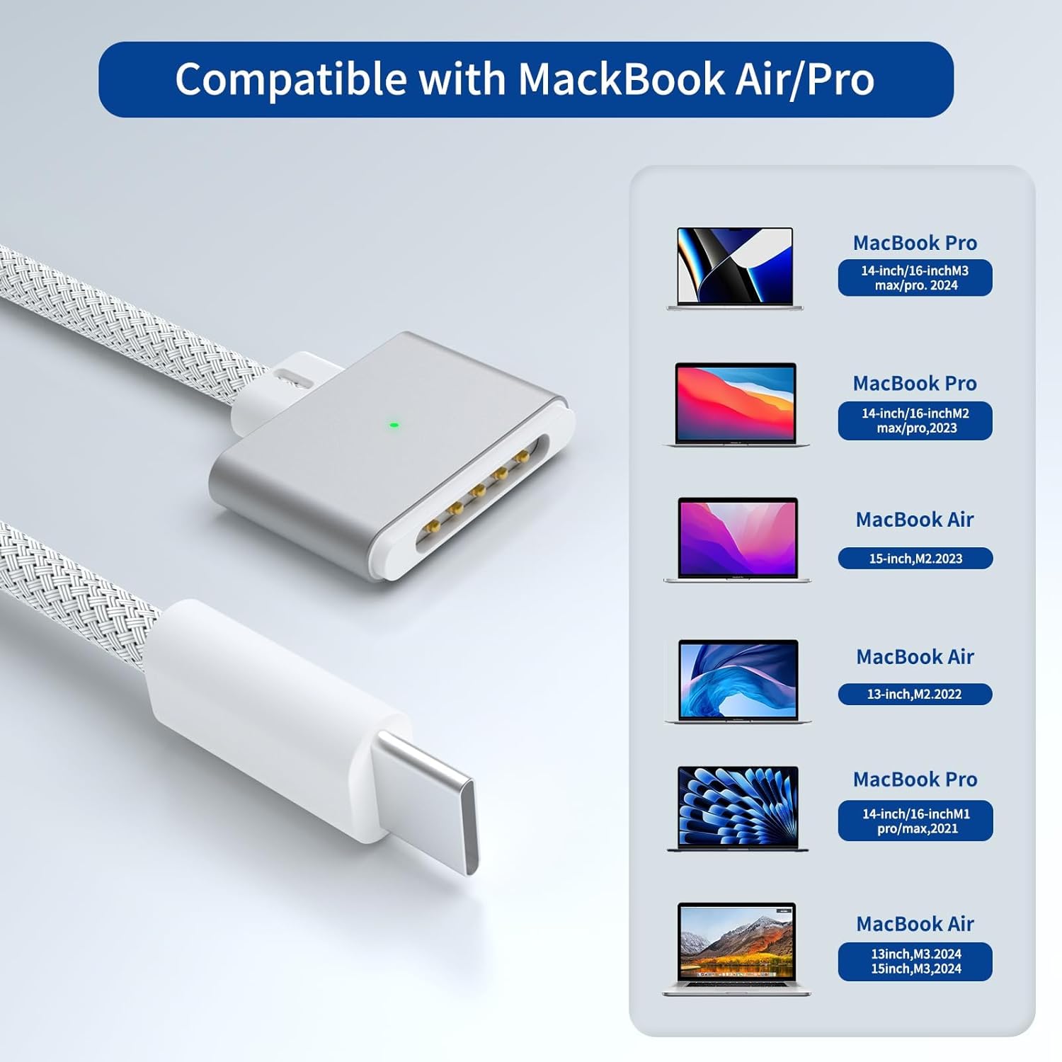 140W USB-C to Magnetic 3 Cable 6.6FT/2M, Compatible with Magsafe Charging Cable for MacBook Air 2024 M3 13 15,Air 2022/2023 M2,Pro 2023 M2 Pro & Max 14 16, Pro 2021 M1 & Max 14 16 White