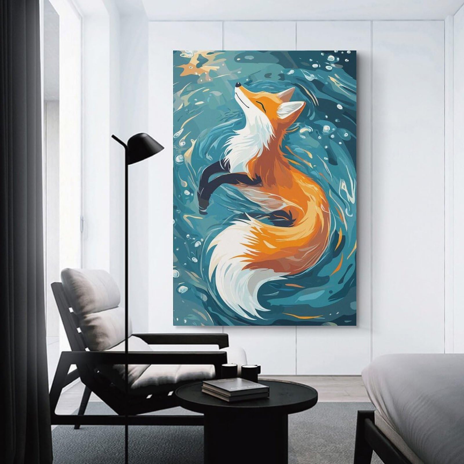 Junmoney Room Decor Wall Art Fox Floating in Water Illustration, 20x30inch(50x75cm), for Home Office, Desk Area Or Studio, An Interior Accent for Desk Areas