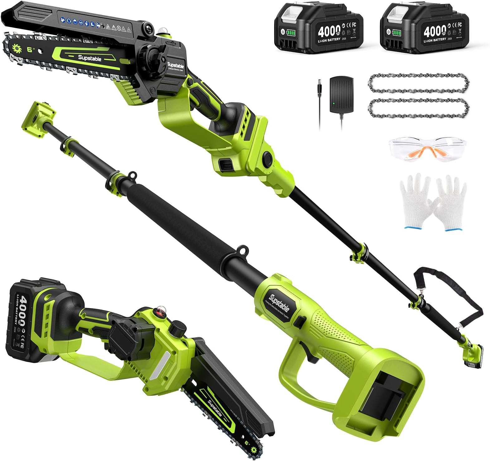 Electric Pole Saw, 6-Inch Cordless Mini Chainsaw with Extension Pole, Extendable to 16 ft, 2x4.0Ah Batteries, Tool-Free Chain Tensiong, Electric Pole Chainsaw for Tree Trimming & Thick Branch Cutting