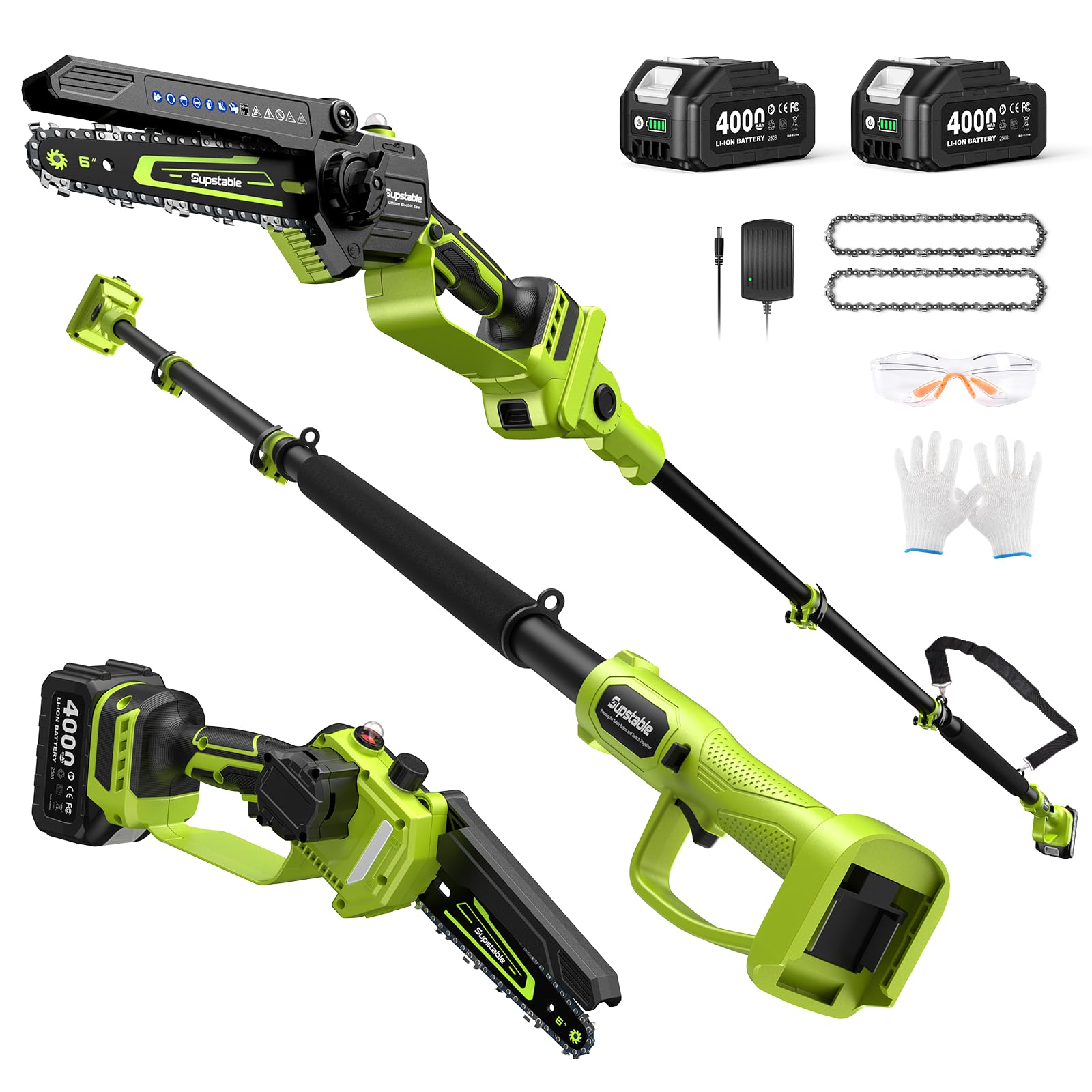 Electric Pole Saws for Tree Trimming, 6 Inch Mini Chainsaw Cordless with Extension Pole & 2x4.0Ah Battery, 10 Feet Battery Powered Pole Chain Saw, 2 in 1 for Tree Branch Trimmer Tree Cutter Pruner