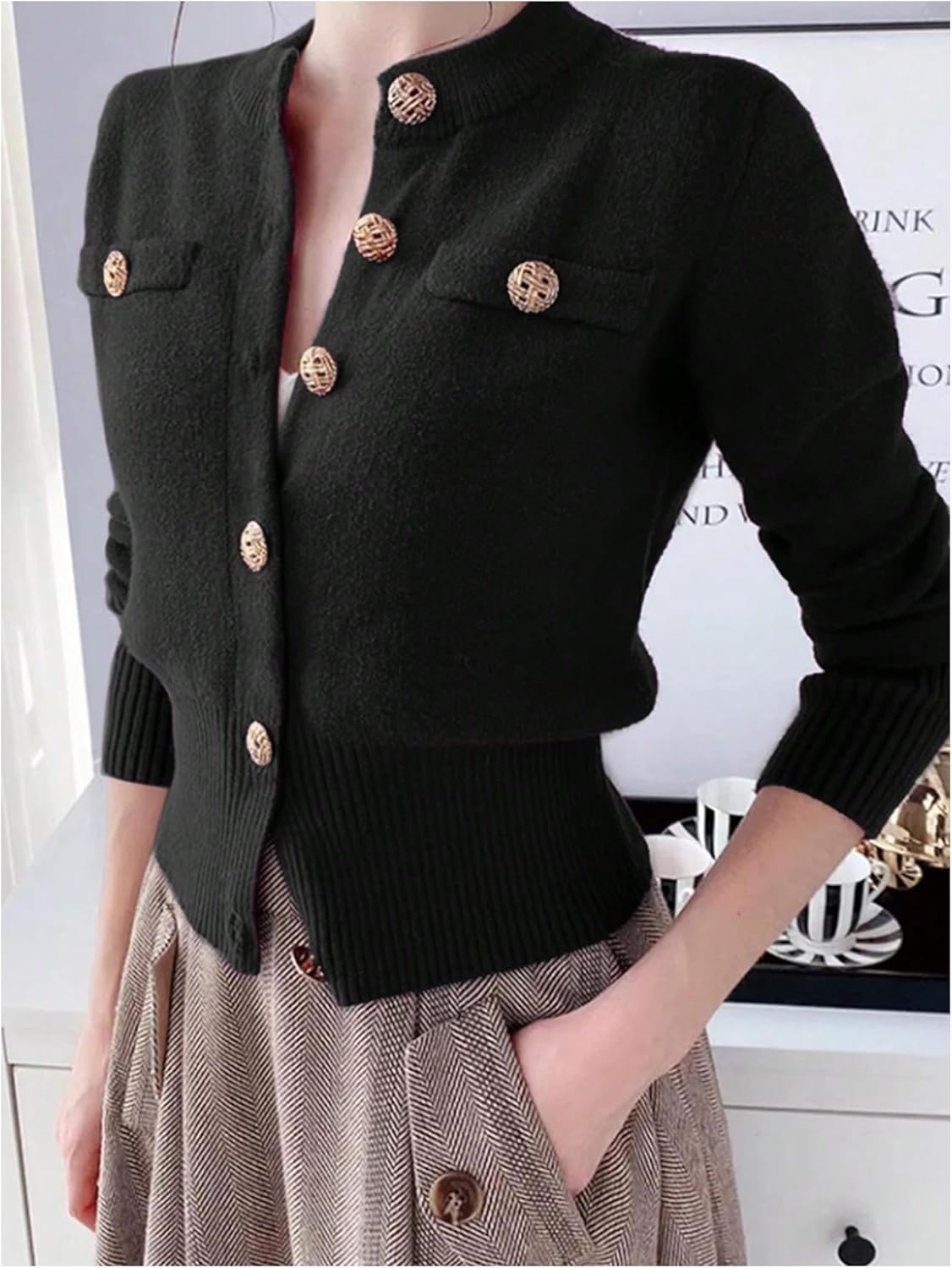 GORGLITTER Women's Cinched Waist Fitted Cropped Cardigan Long Sleeve Button Up Knit Sweaters Fall Fashion Clothes Trendy